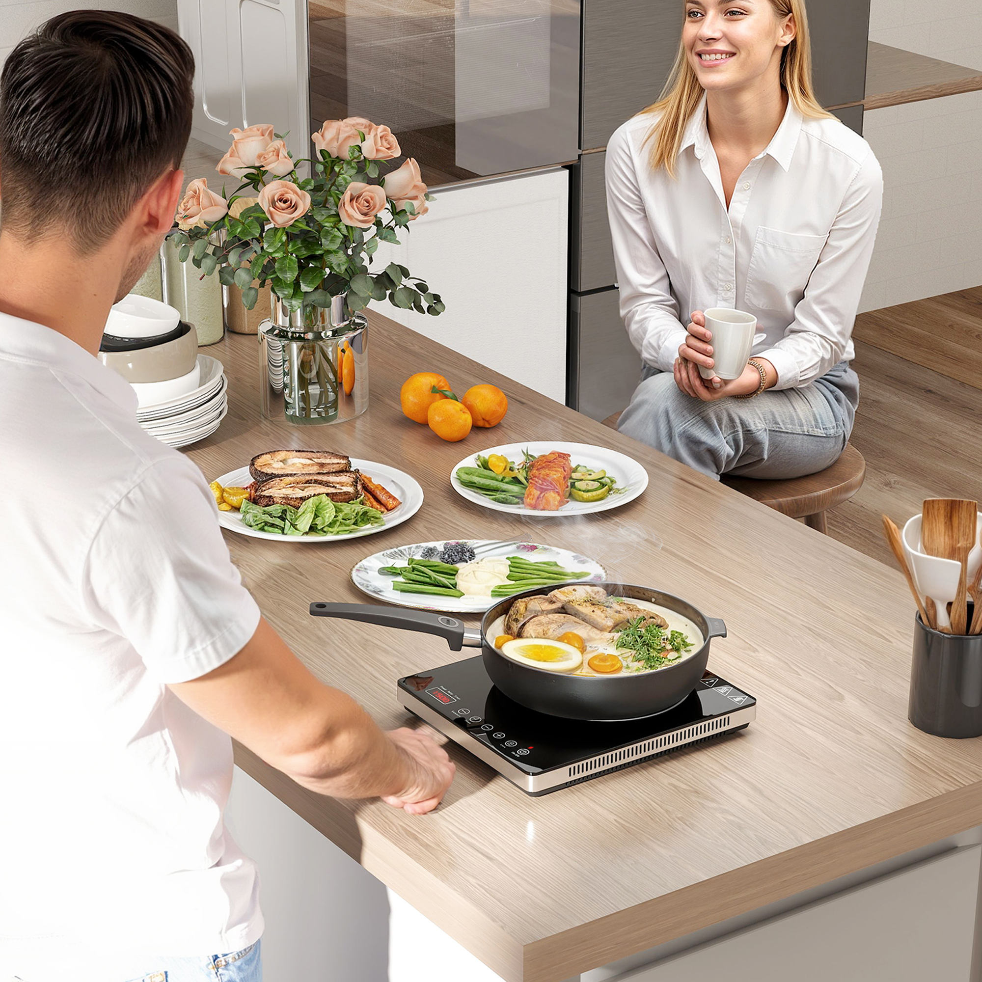 Kochplatte, Induktionskocher mit 10-Stufen-Temperatur, Touchpanel, Schwarz