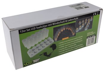 LED Teelichter, 12er Set, mit Windschutz, wiederaufladbar auf Ladestation