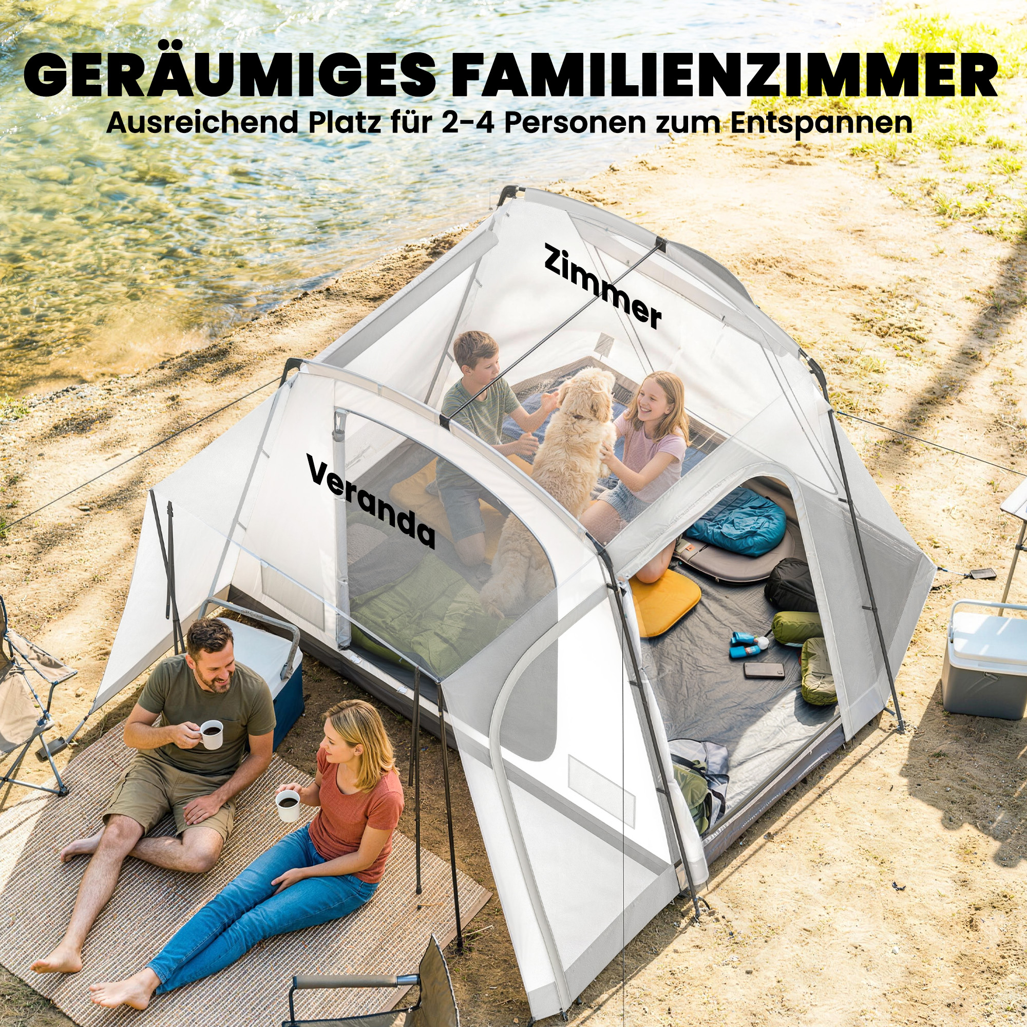 Heckzelt für 2-4 Personen, 320 x 280 x 205 cm 2 in 1 Autozelt wasserdicht Tunnelzelt mit 4 Türen Fenster Bodenplane