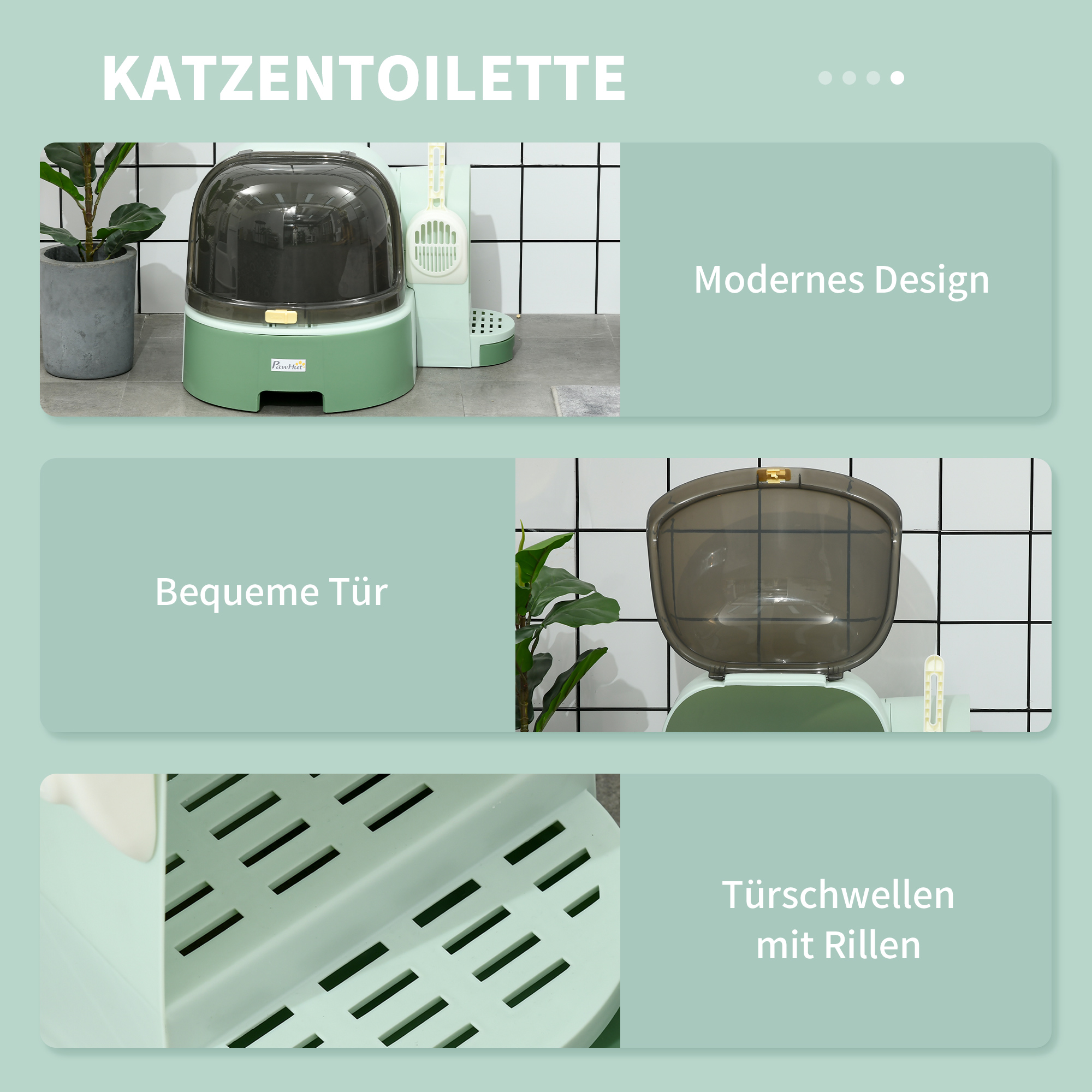 Katzentoilette, 2 herausziehbare Bodenwannen, 1 Schaufel, Streuauffangfach, abnehmbare Haube, Grün + Schwarz