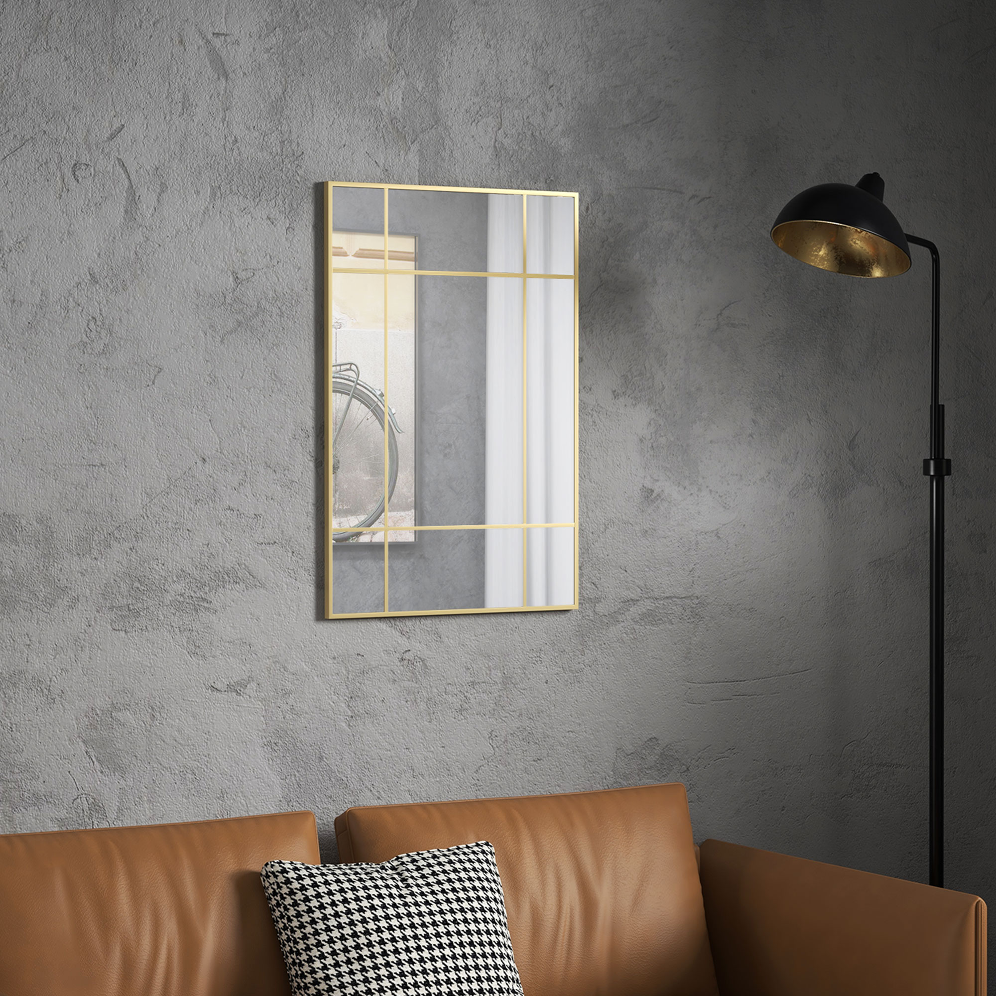 Wandspiegel, dekorativer Spiegel mit Metallrahmen, goldfarbene Streifen, Mehrschichtglas, 90B x 2T x 60H cm