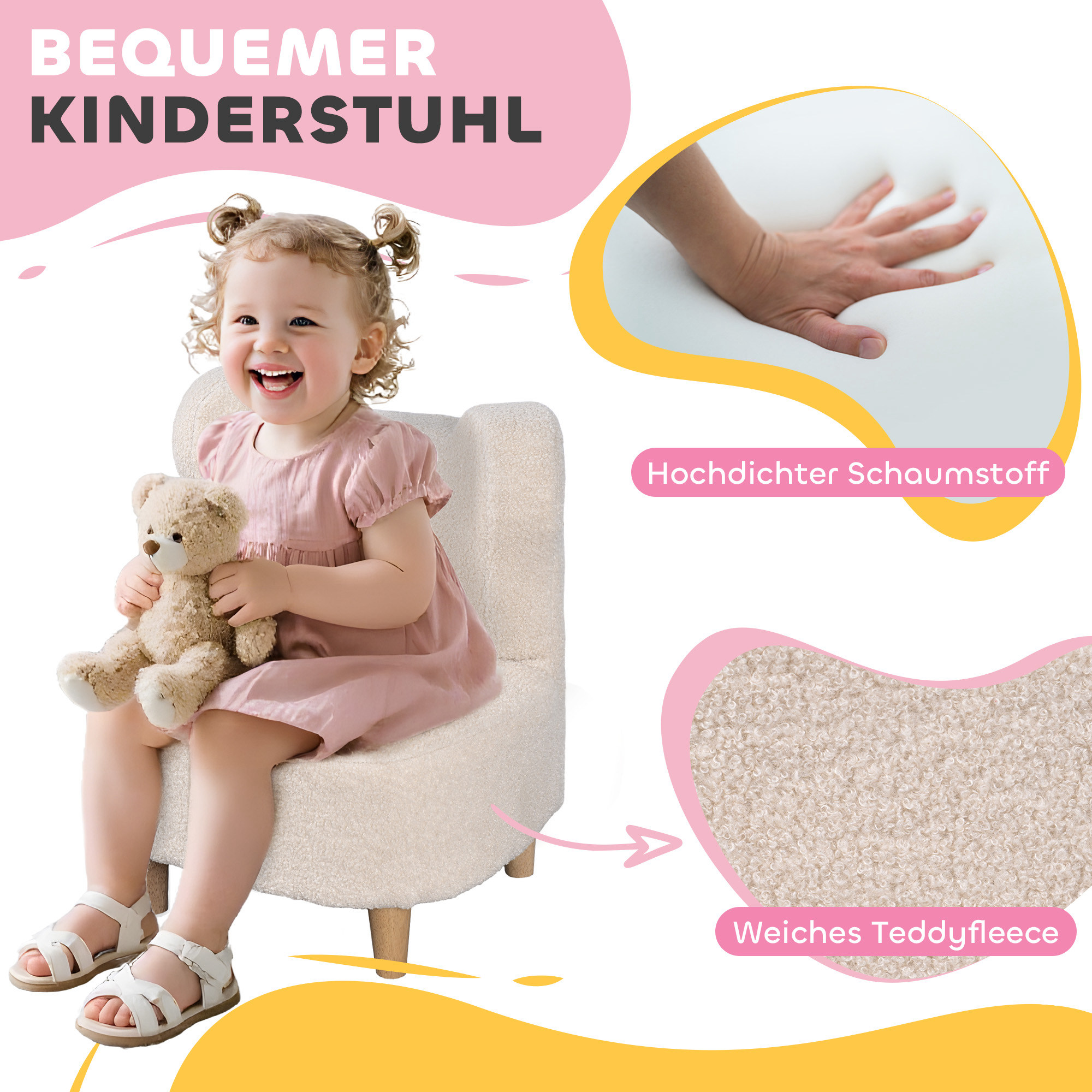 Kindersessel, Plüschsessel mit Bärenohren, Fleece-Bezug, Schaumstoff, Beige