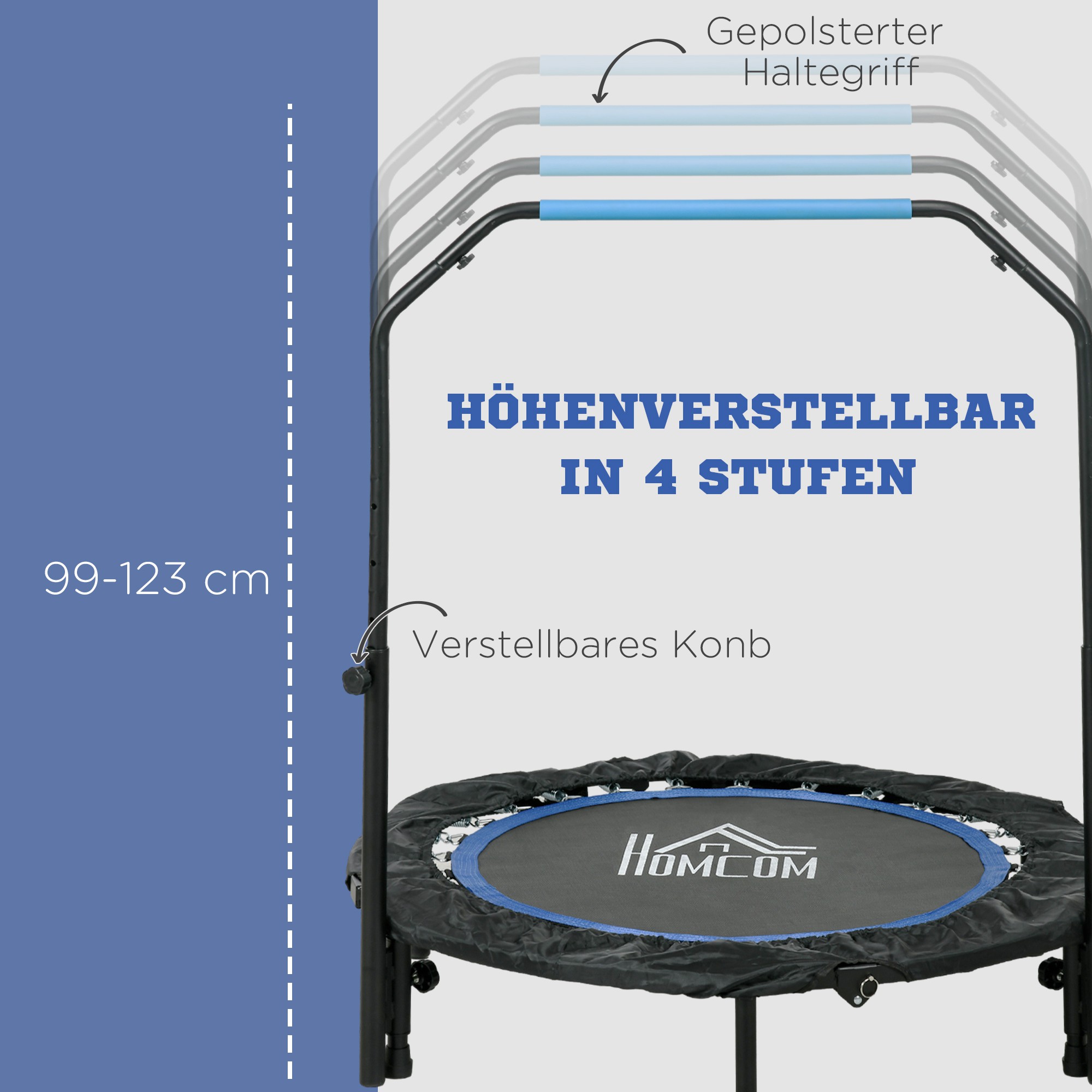 Fitnesstrampolin, klappbar, verstellbarer Haltegriff, Ø102x123H cm, bis 150 kg, Schwarz/Blau