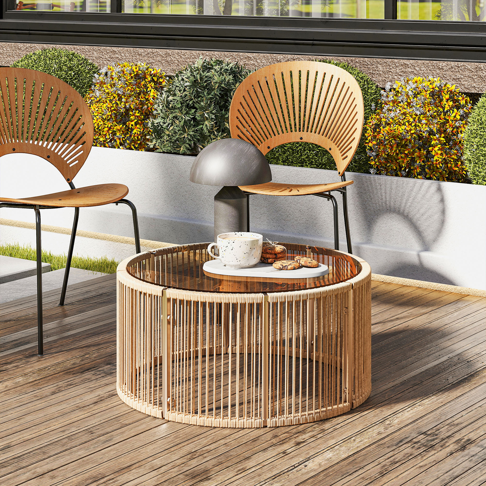 Beistelltisch aus Polyrattan Kaffeetisch mit gehärteter Glasplatte Gartentisch mit Stahlrahmen 70 x 70 x 33 cm Braun