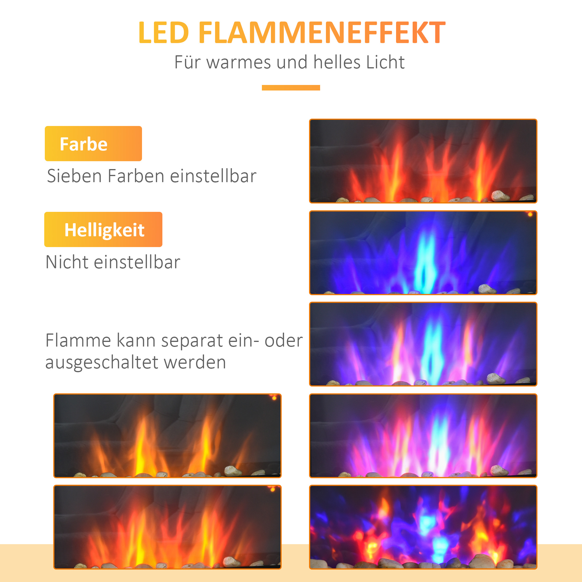Elektrischer Wandkamin, 1000W/2000W, LED-Feuereffekt, Fernbedienung, stilvoller Look, mit Heizfunktion