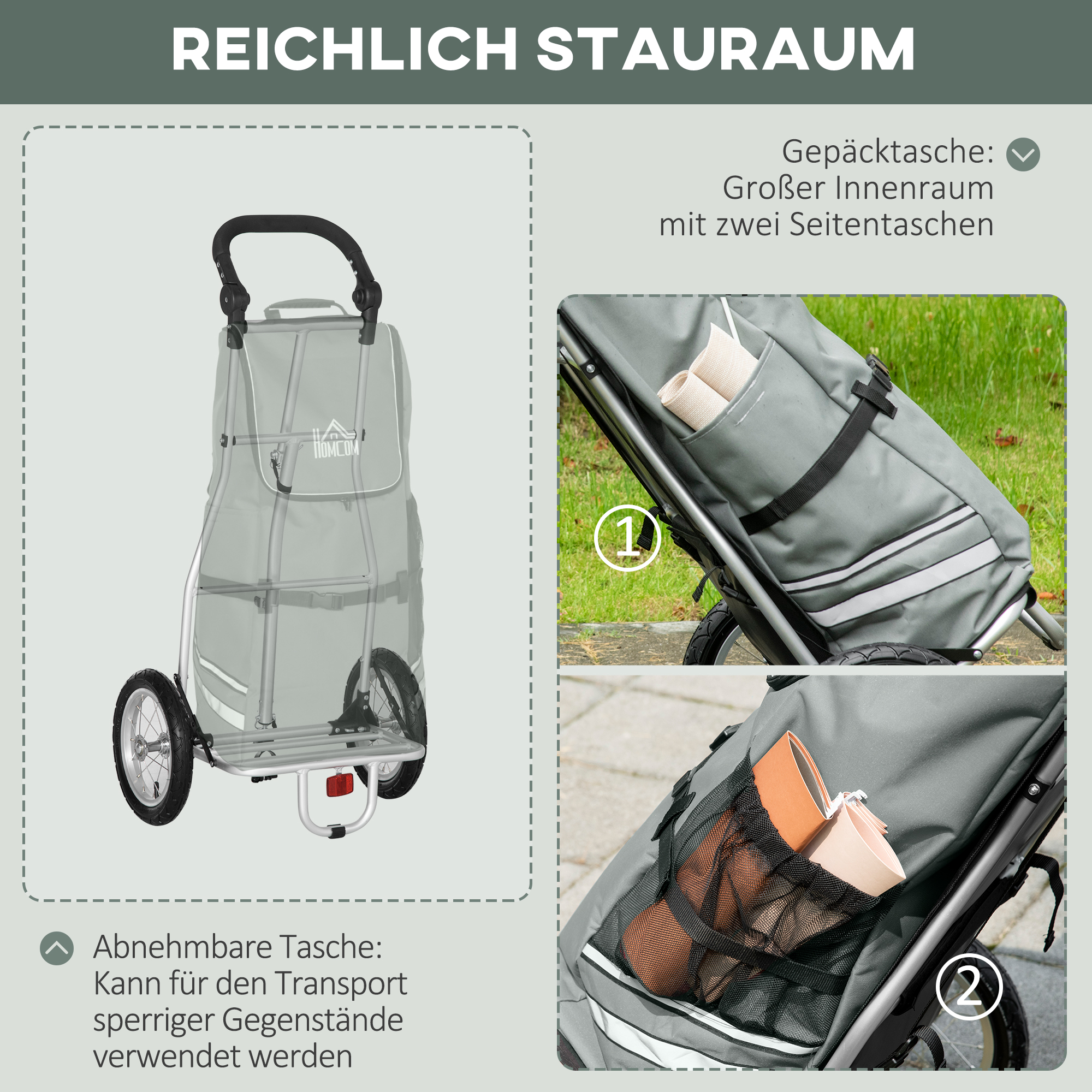 3-in-1 Einkaufstrolley Einkaufswagen Fahrradanhänger Sackkarre, 53 x 43 x 110cm , Grau+Silber