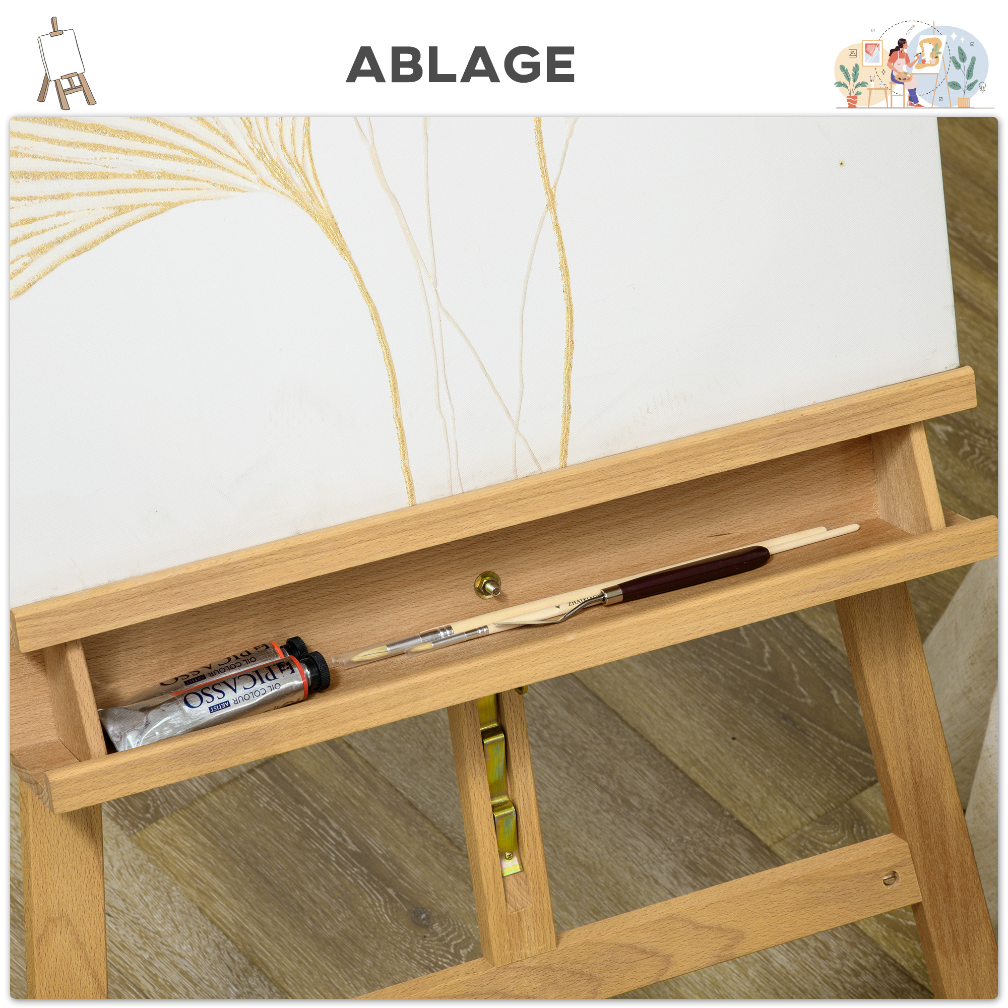 Staffelei, Holzstaffelei, höhenverstellbar, klappbar, Stiftablage, Buchenholz, 65 x 110 x 180-235 cm