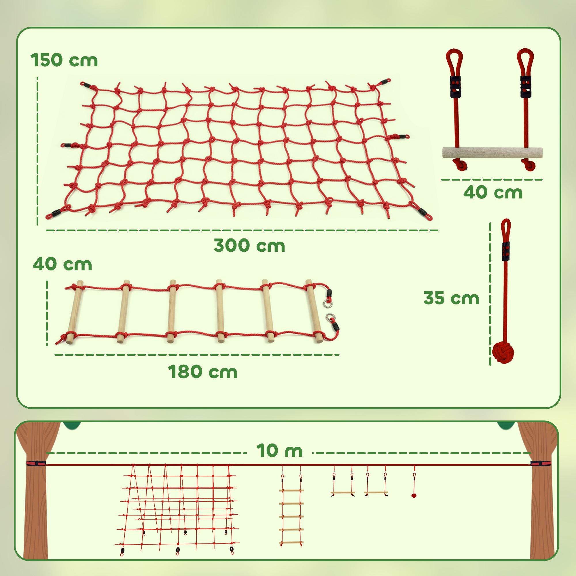 Ninja Line Kinder 10m Slackline Set mit Turnringe Schaukel Kletterleiter Kletternetz für 3-6 Jahre 1000x300x180 cm Rot