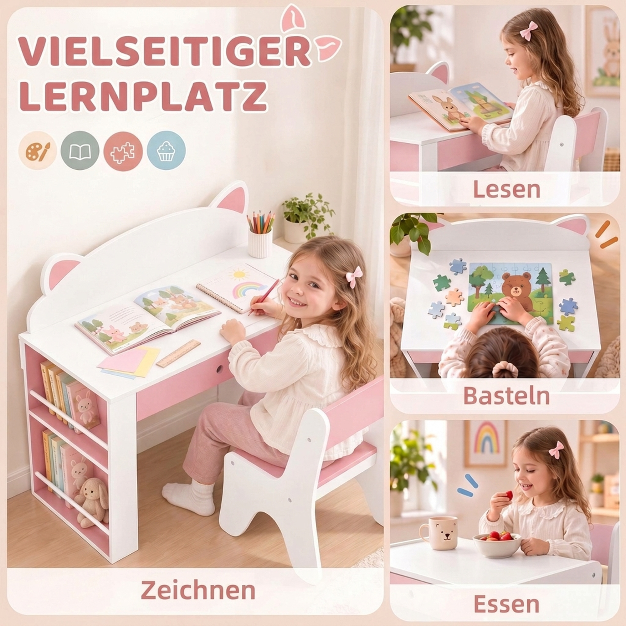 Kindertisch mit Stuhl 2 teilige Kindersitzgruppe mit Bücherregal Schublade Fuchs-Design für Kinder 3-8 Weiß+Rosa