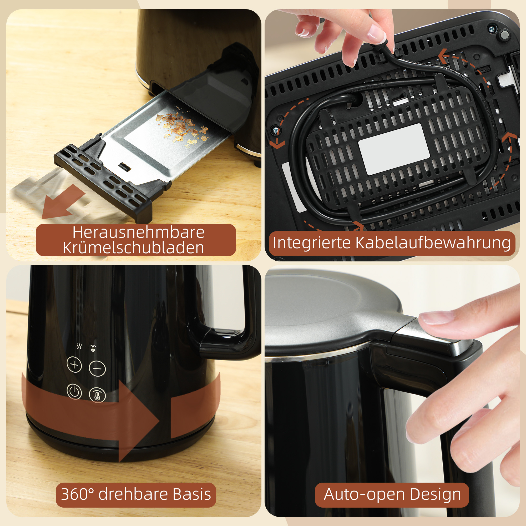 Küchenset mit Wasserkocher und Toaster, 7 Bräunungsstufen, schnelles Kochen, Edelstahl, Kunststoff, Schwarz