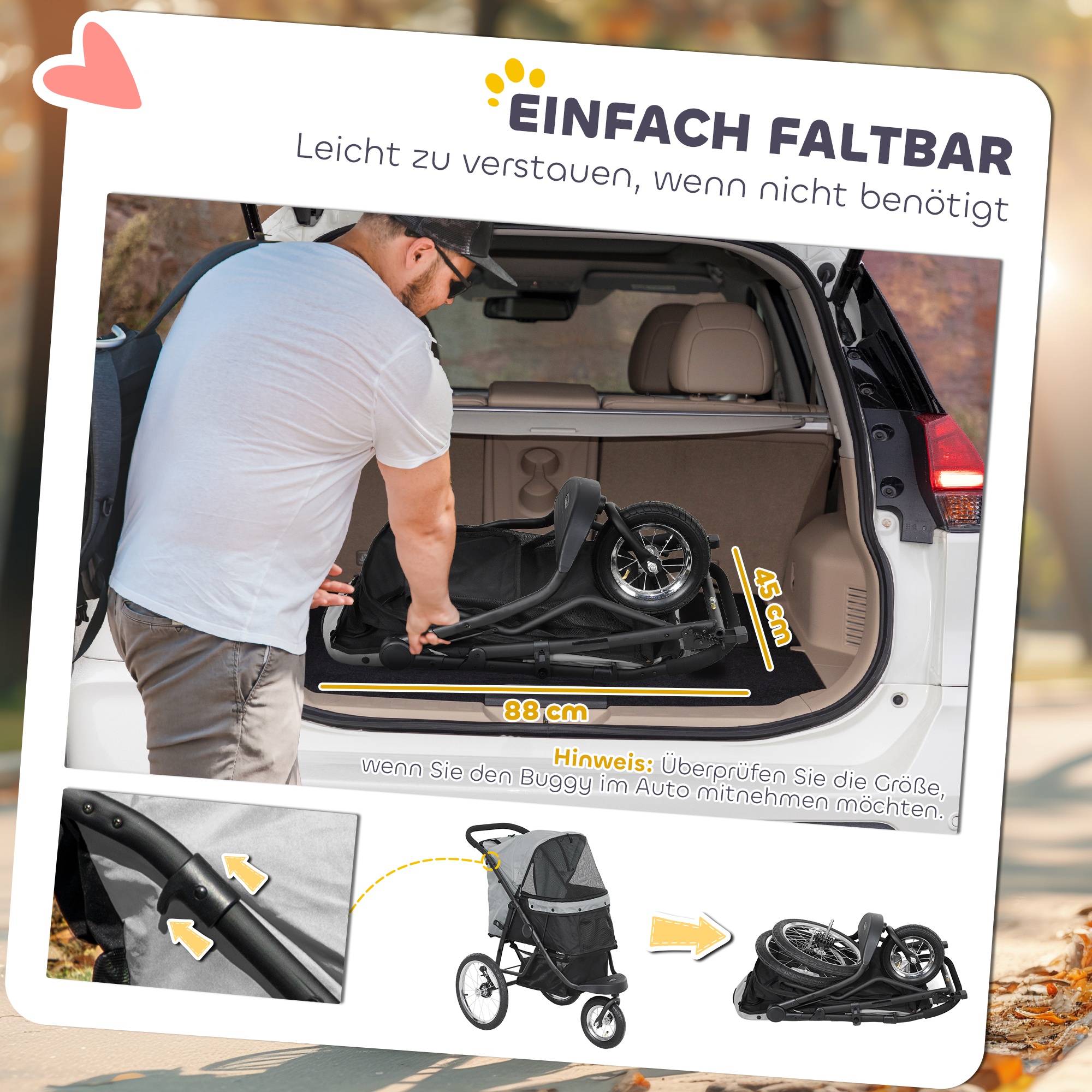 Hundebuggy, Haustierwagen für kleine Hunde und Katzen, mit Aufbewahrungskorb, Ein-Klick-Faltdesign, Grau