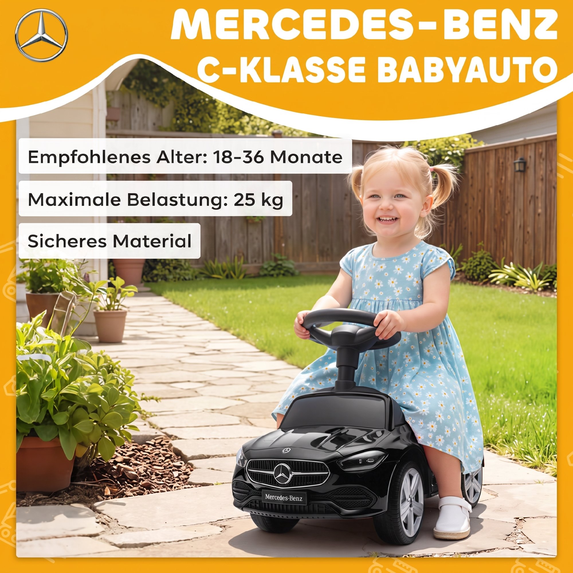 Mercedes-Benz C-Class Rutschauto mit Hupe, Motorgeräuschen, Stauraum, für Kinder 18-36 Monate, Schwarz