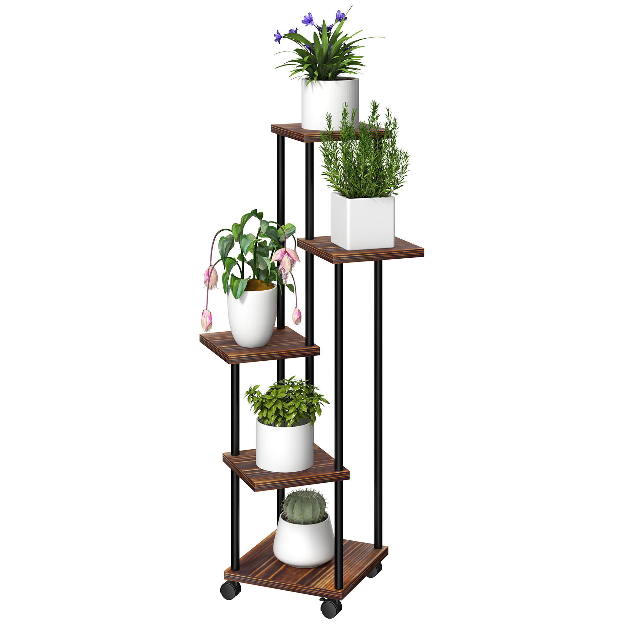 Blumenständer mit 5 Ebenen, 5-stufiger Pflanzenständer, versetztes Design, leicht zu verschieben, Holz, Stahl Blumenständer mit 5 Ebenen, 5-stufiger Pflanzenständer, versetztes Design, leicht zu verschieben, Holz, Stahl
