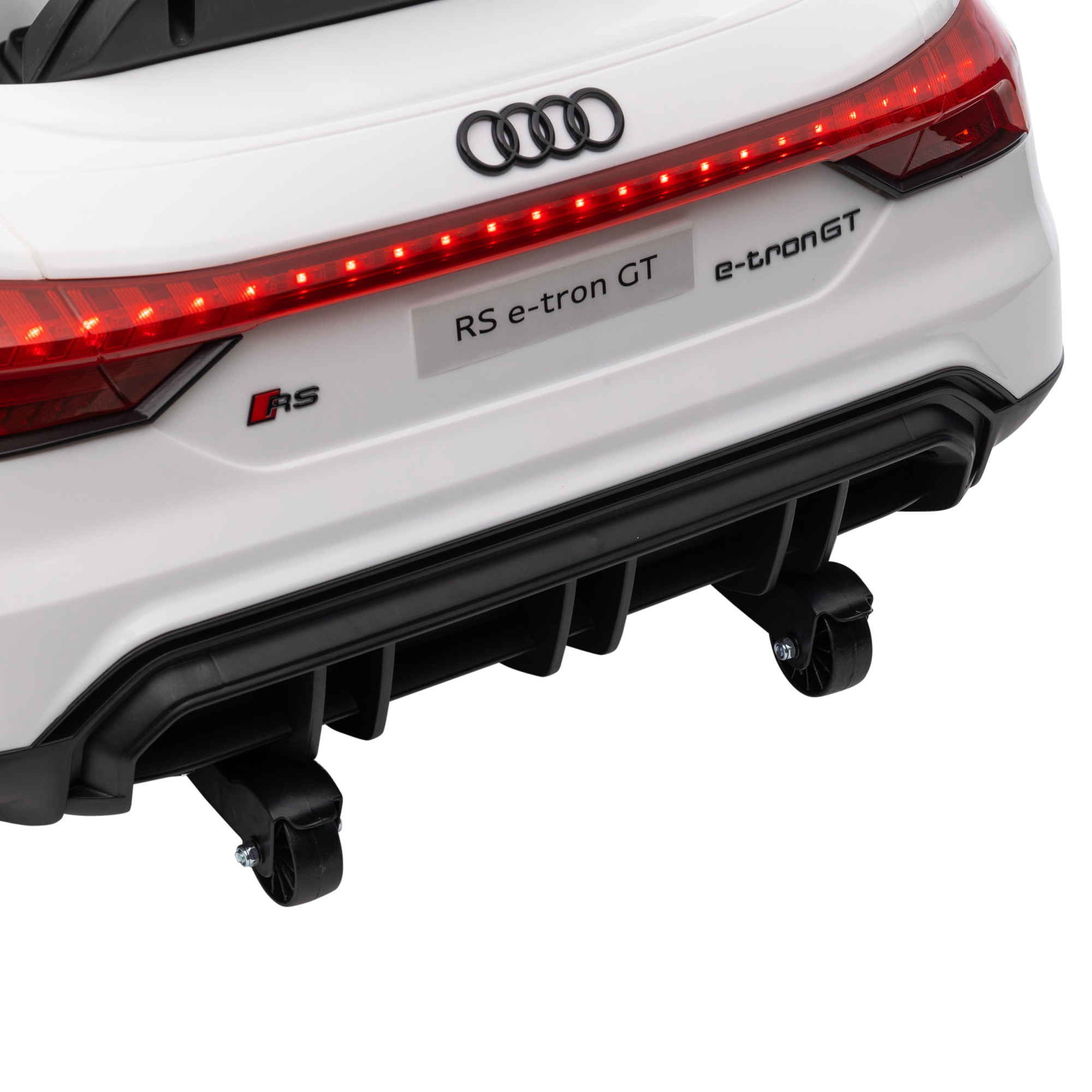 Kinder-Elektroauto Audi RS e-tron GT mit Sicherheitsgurt, Fernbedienung, Scheinwerfern, Musikfunktion, weiß, 103 x 58 x 41cm