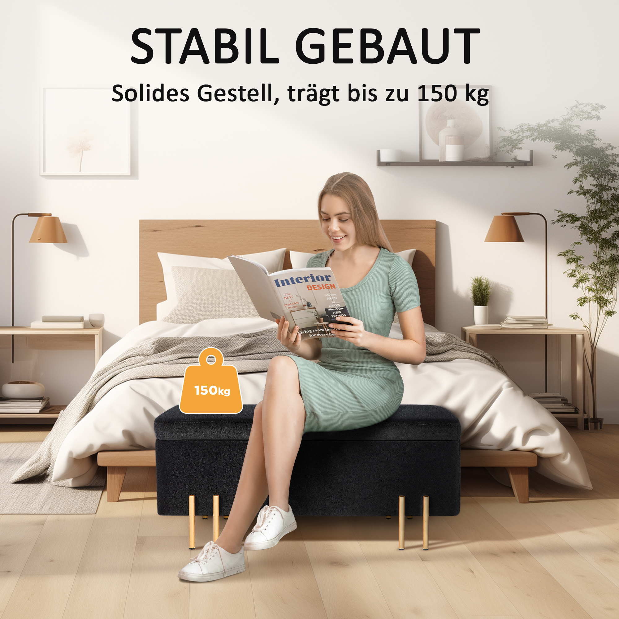 Sitzbank, Polsterbank mit Stauraum, Metall, Kautschukholz, Schaumstoff, 100 x 40 x 42 cm, Schwarz