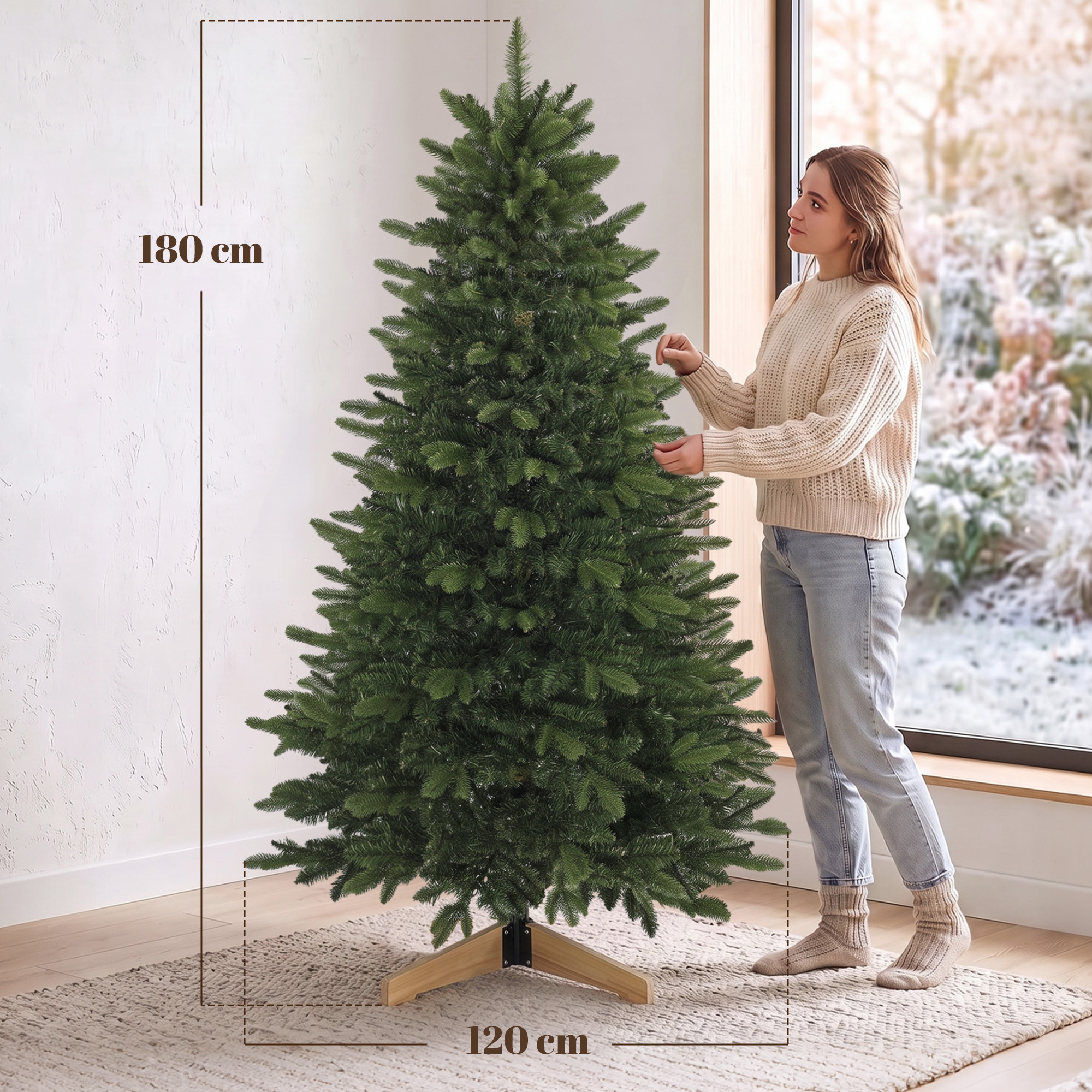künstlicher Weihnachtsbaum 180 cm, Fraser-Tanne mit Holzständer, 988 realistische Zweigspitzen für Zuhause und Büro, Grün