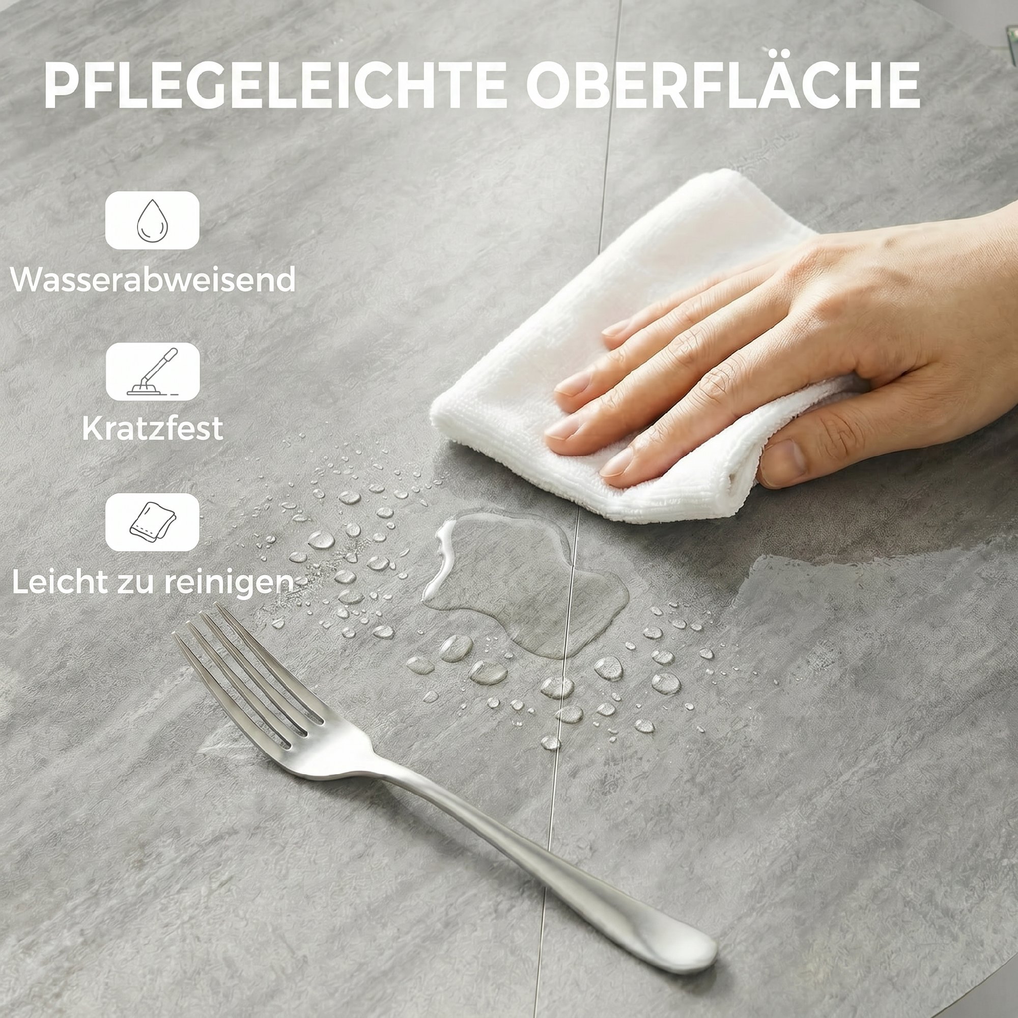 klappbarer Esstisch für 2-6 Personen, Runder Klapptisch mit Doppel-X-Stahlrahmen, Dicke Tischplatte, Zementgrau