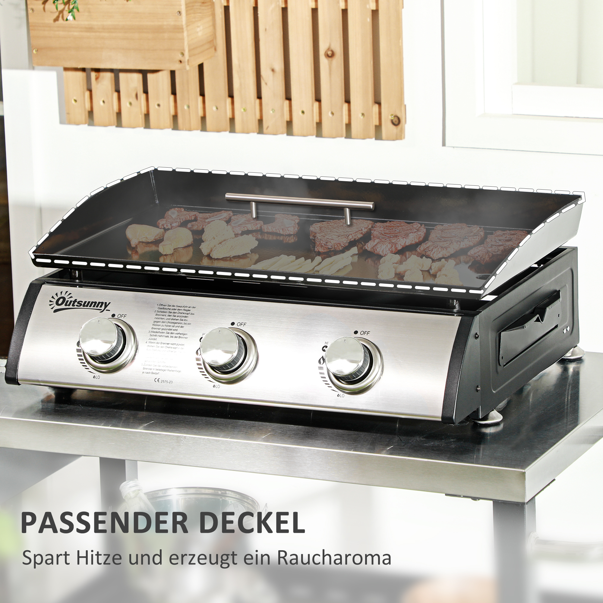 Gasgrill mit Deckel, 3 Brennern, Fettauffangschale, antihaft-Platte, 63x47x25 cm, Schwarz/Silber