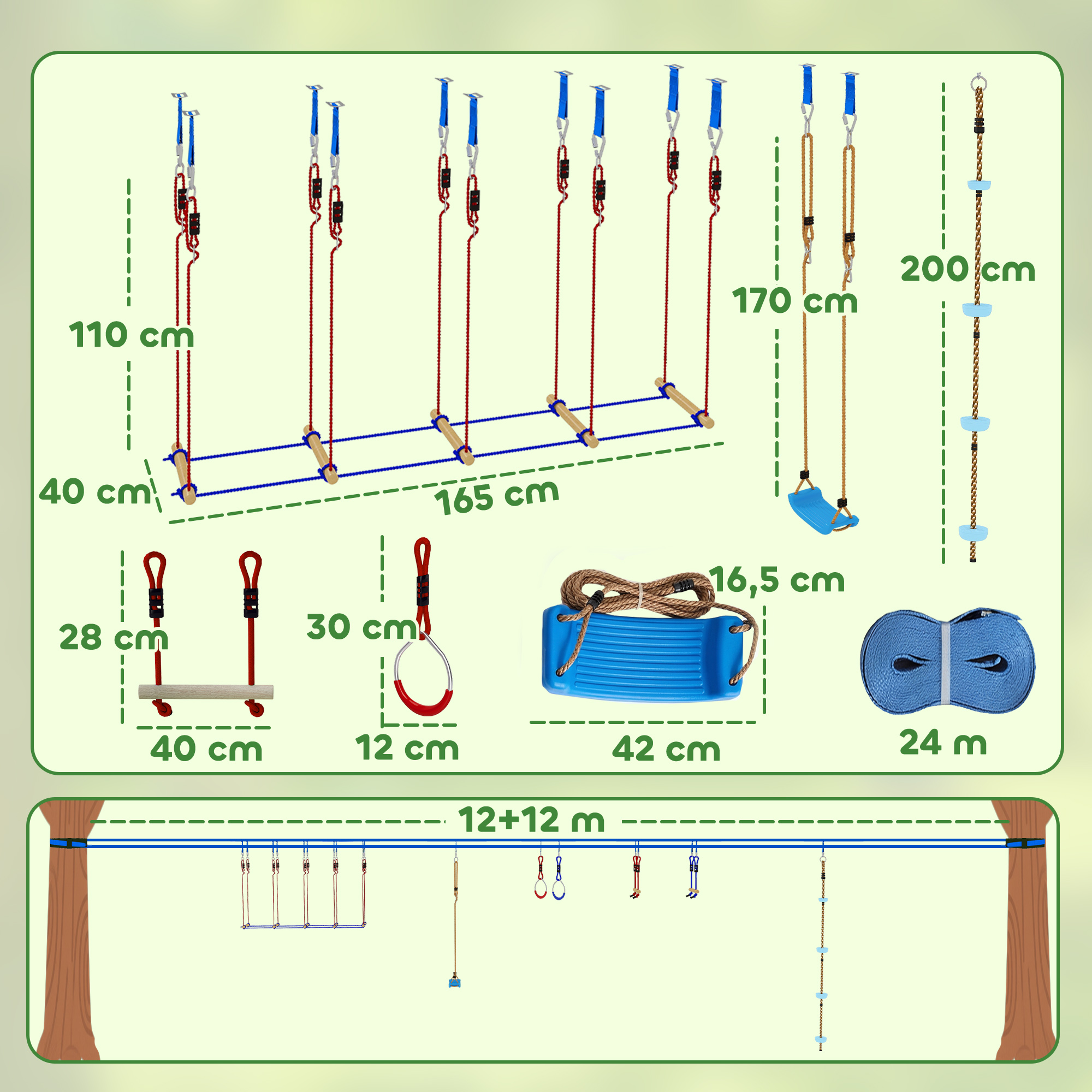 Ninja Line Kinder 24 m Slackline Set mit Turnringe 7 Hindernissen Kletterstange Balancierbrücke für 3-6 Jahre Rot+Blau