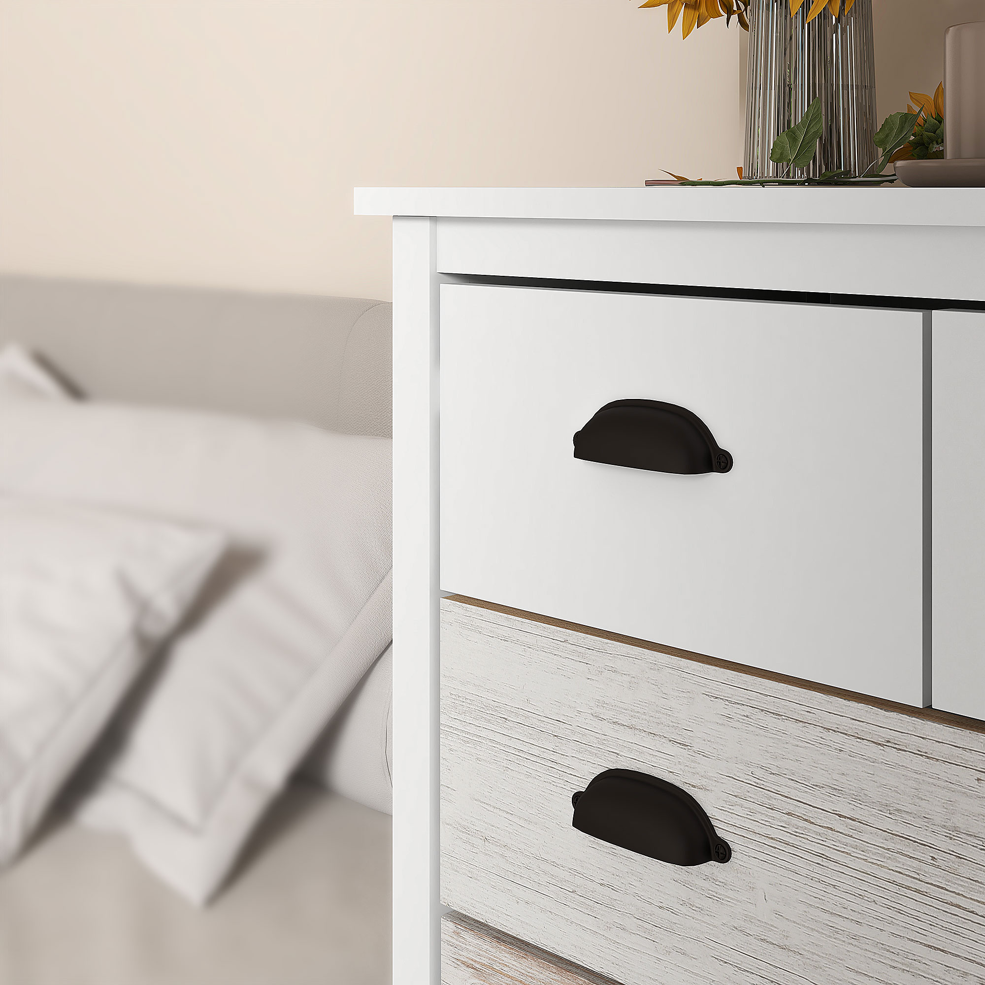 Sideboard, Kommode, 5 Schubladen, lackierte Oberfläche, MDF & Kiefernholz, 70 x 38 x 85 cm, Weiß
