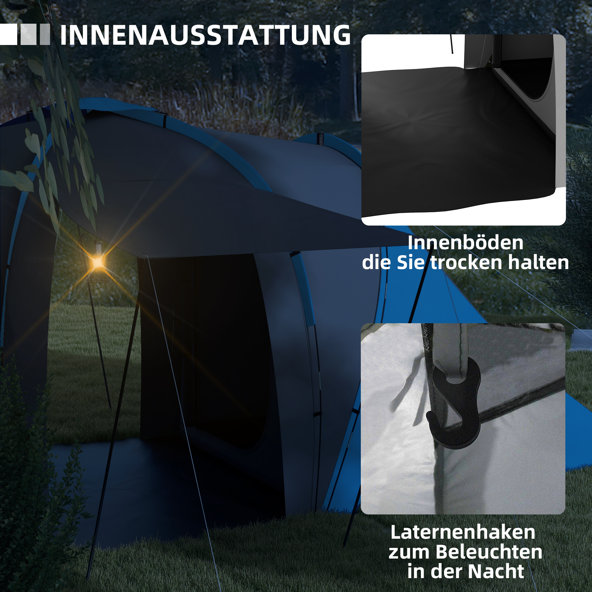 Tunnelzelt, 2000mm Wasserabweisend Campingzelt für 4-6 Personen, mit 2 Schlafzimmern Wohnbereich Tragetasche Grau+Blau
