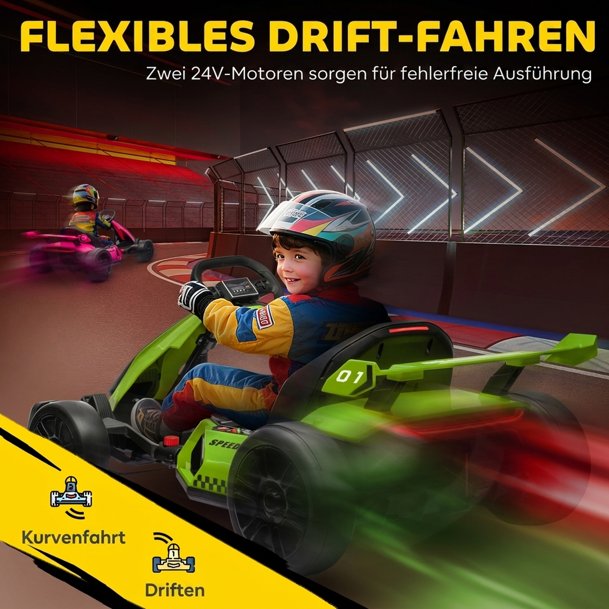 24V Elektro Go-Kart, für Kinder, bis 12 Km/h Gokart mit Drift-Funktion, 2 Motoren, verstellbarer Sitz, Sanftanlauf, grün