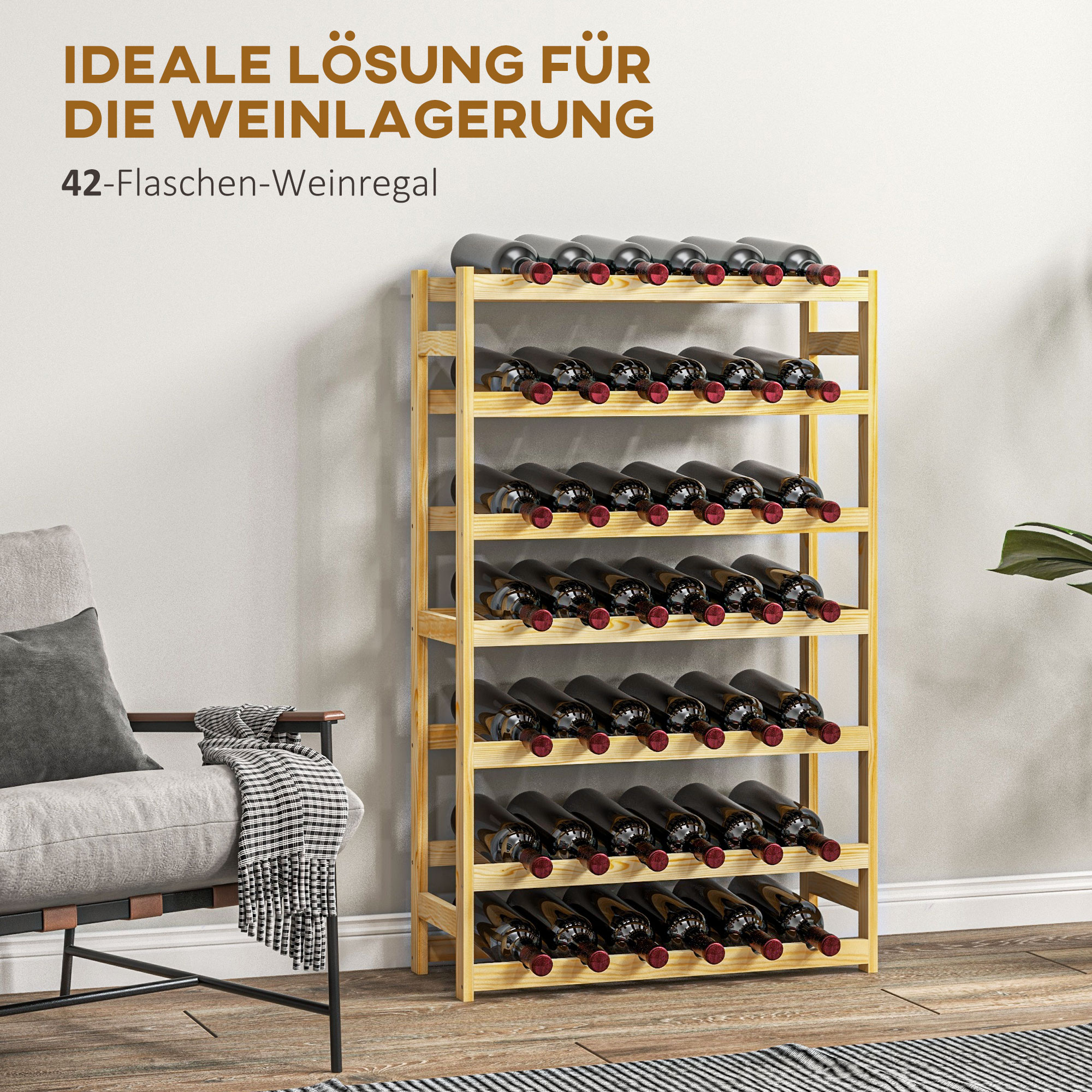 Weinregal, 7 Etagen, für 42 Flaschen, Kippschutz, Kiefernholz, 63x25x102cm, Natur