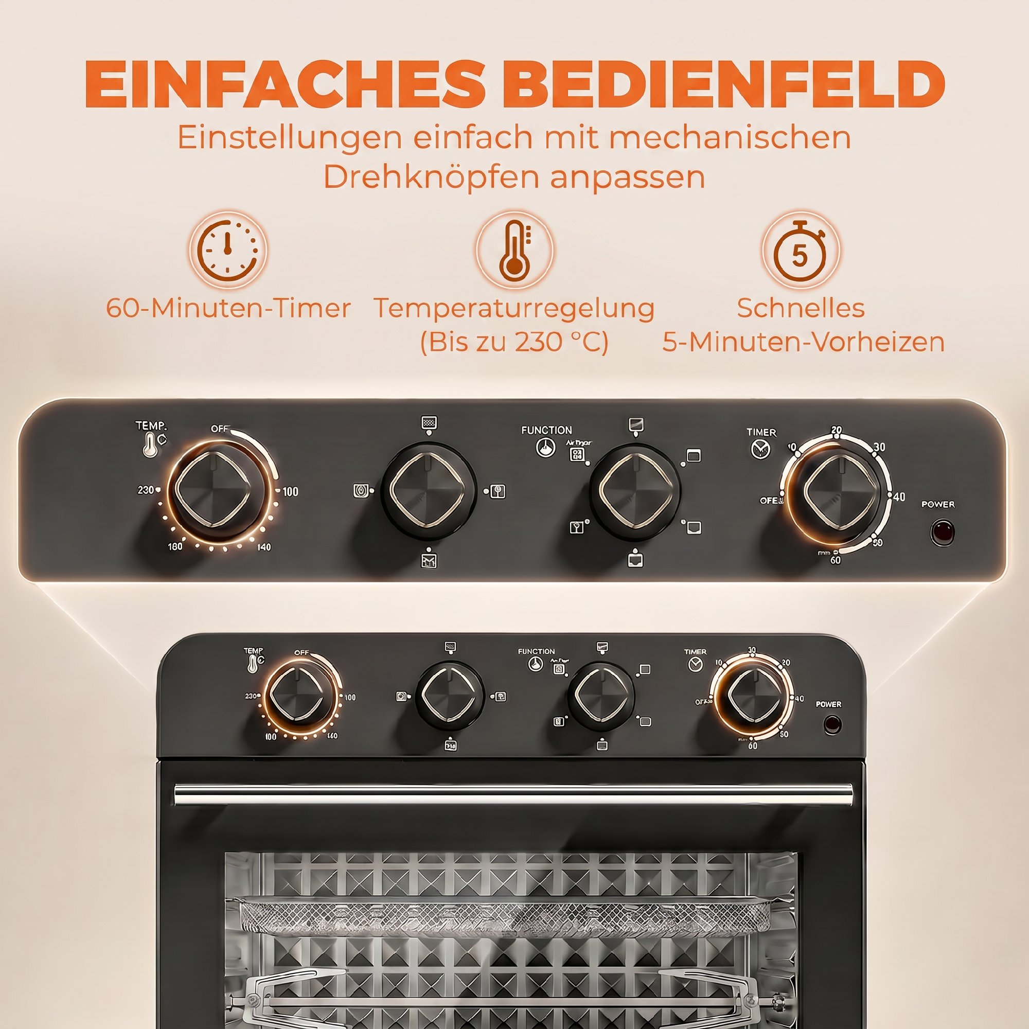 Heißluftfritteusen-Backofen mit Umluft und Drehspieß-Set, Temperaturregler, Timer, 1800 W