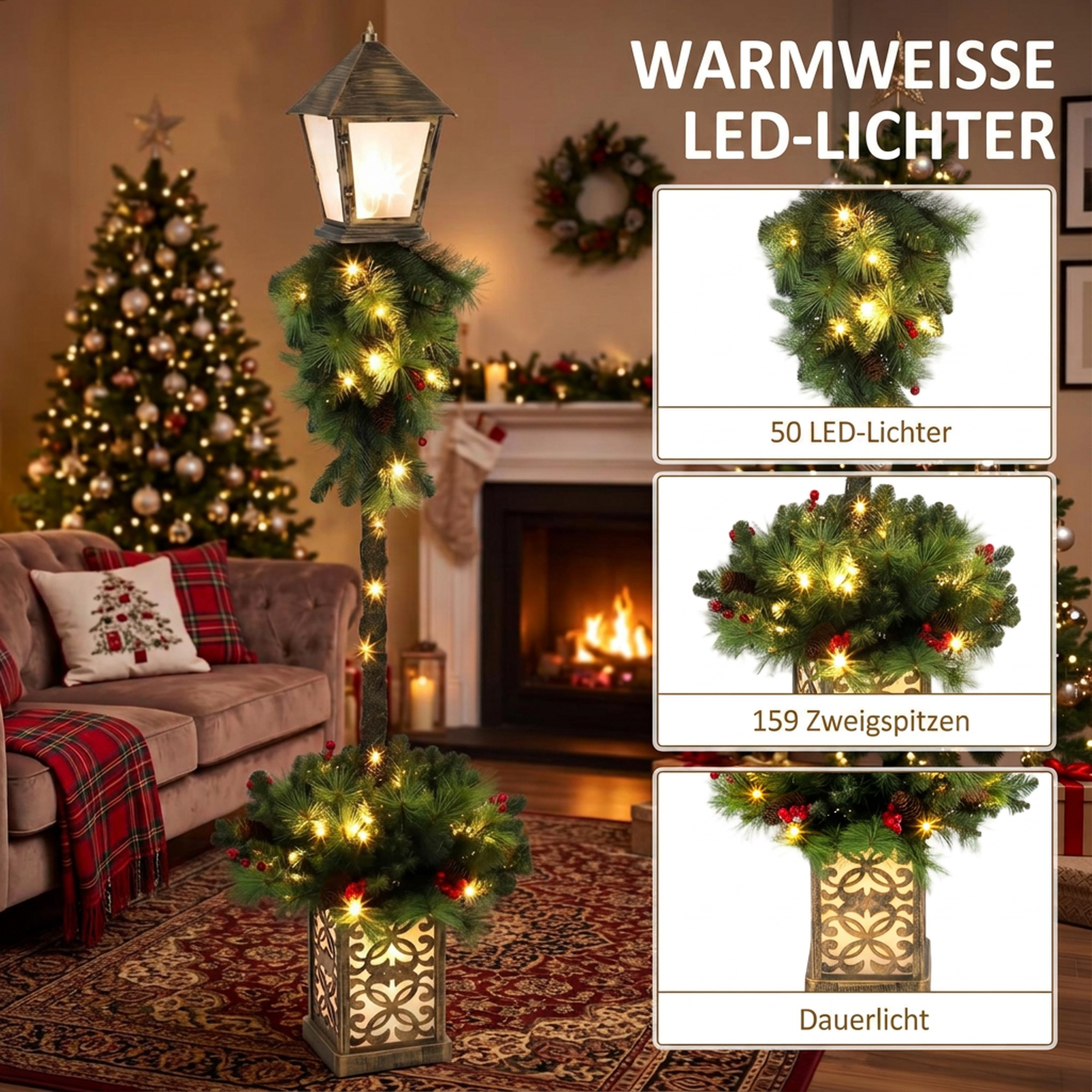Weihnachts-Straßenlaterne mit 50 warmweißen LEDs, Außenlaterne mit 159 PVC-Zweigspitzen und roten Beeren