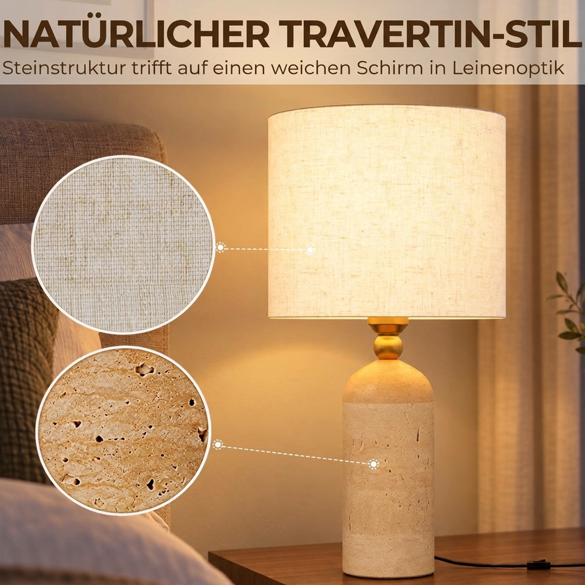 Tischlampe Vintage E27 Nachttischlampe Stoffschirm Kabel, 48 cm Beige