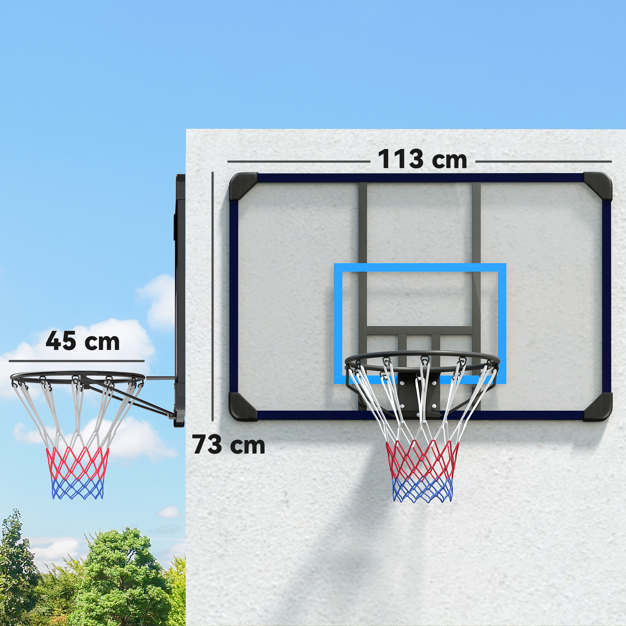 Basketballkorb, universelle Wandhalterung, reißfestes Netz, rostfreier Stahlrahmen, 113 x 61 x 73 cm