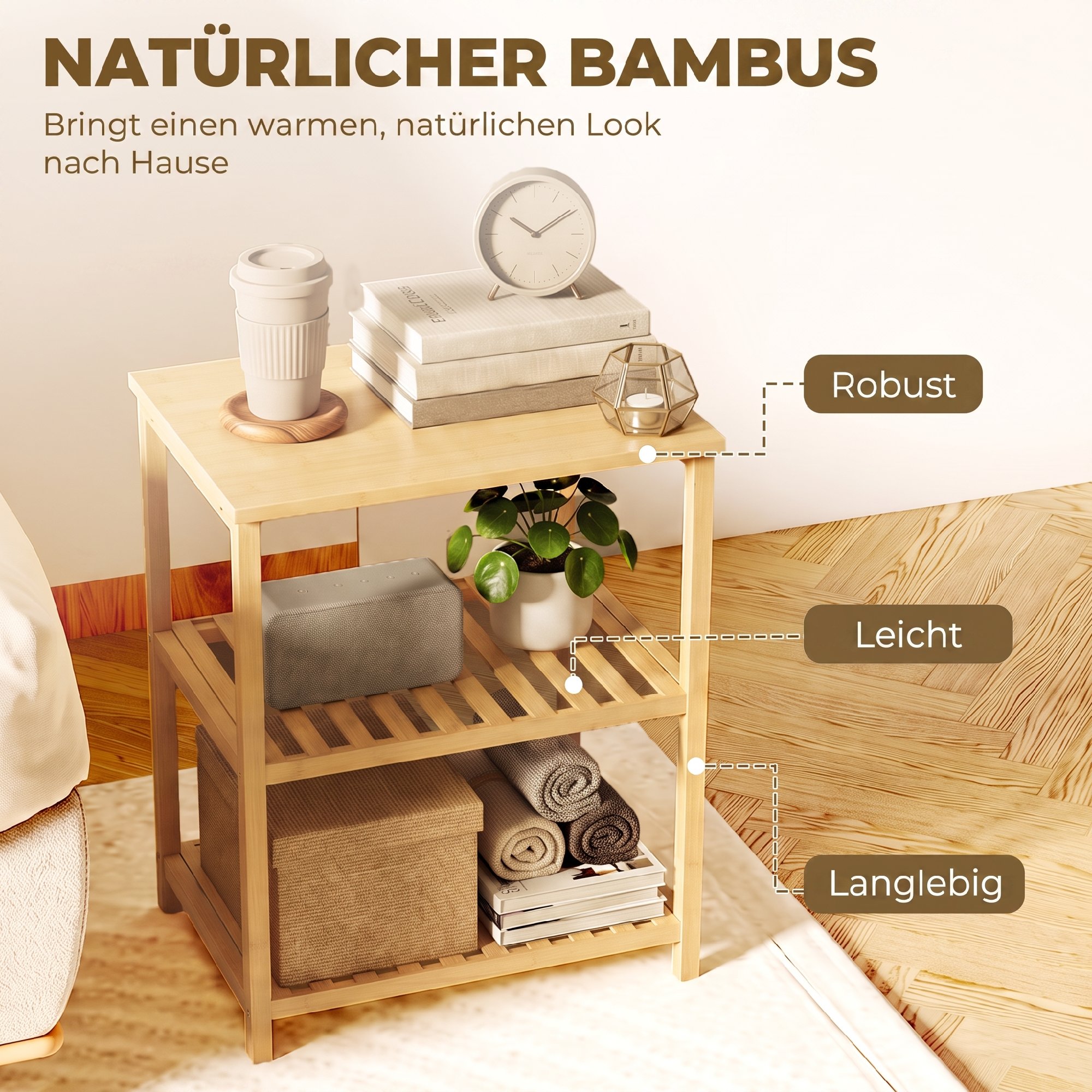 Beistelltisch aus Bambus, 3 Ebenen mit Lamellenböden, für kleine Räume, Wohnzimmer & Schlafzimmer, Natur
