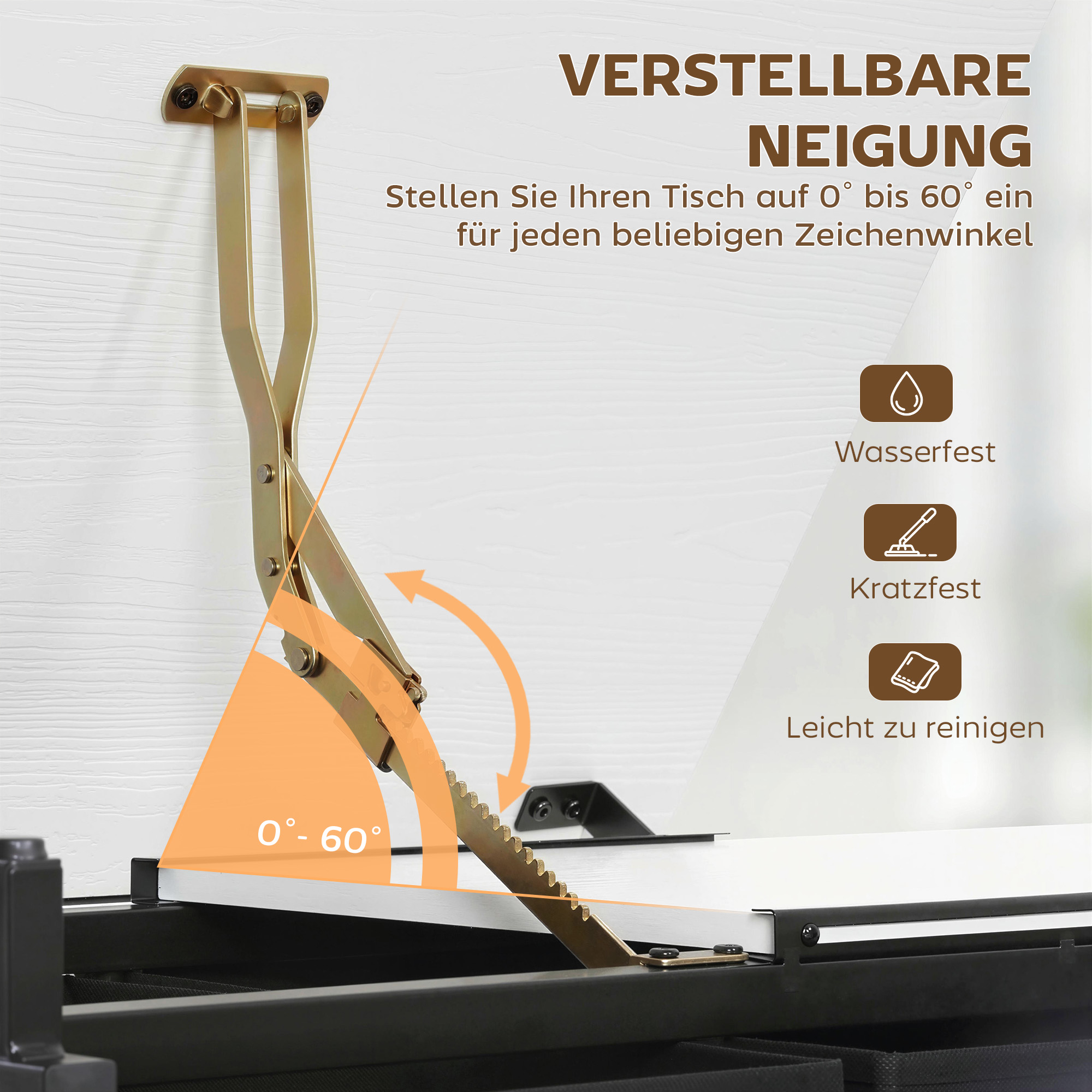 höhenverstellbarer Zeichentisch, Arbeitstisch mit Hocker und Schubladen, Weiß