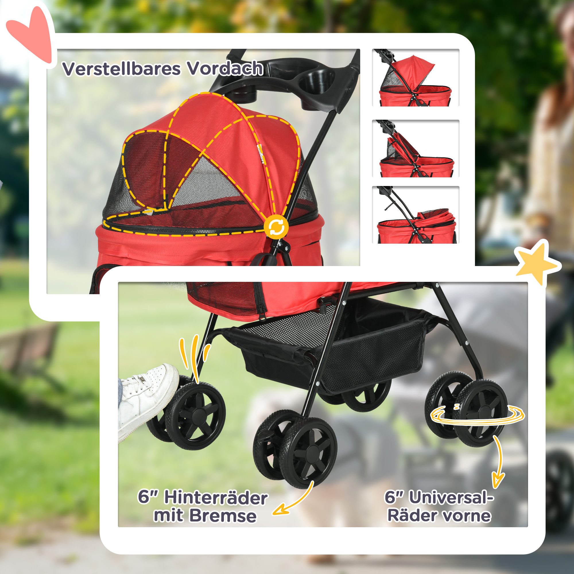 Hundebuggy Hundewagen bis 4 kg Klappbar Netzfenster Bodenkorb Becherhalter abnehmbares Dach rot 67 x 45 x 96 cm