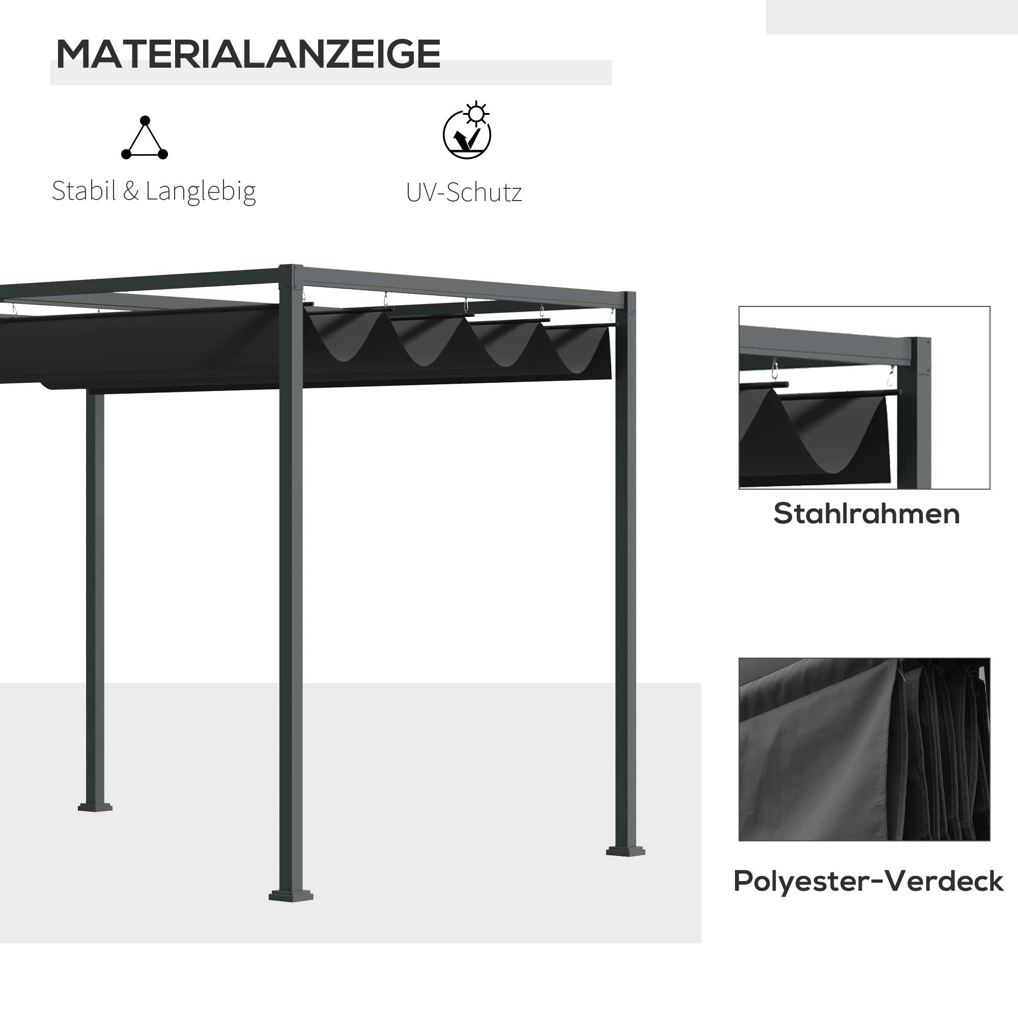 Pergola ca. 3x2m Garten Pavillon Terrassendachung Metall Freistehender Gartenpavillon mit Verstellbares Dach, UV Schutz, Sonnenschutz für Terrasse und Garten, Schwarz+Grau