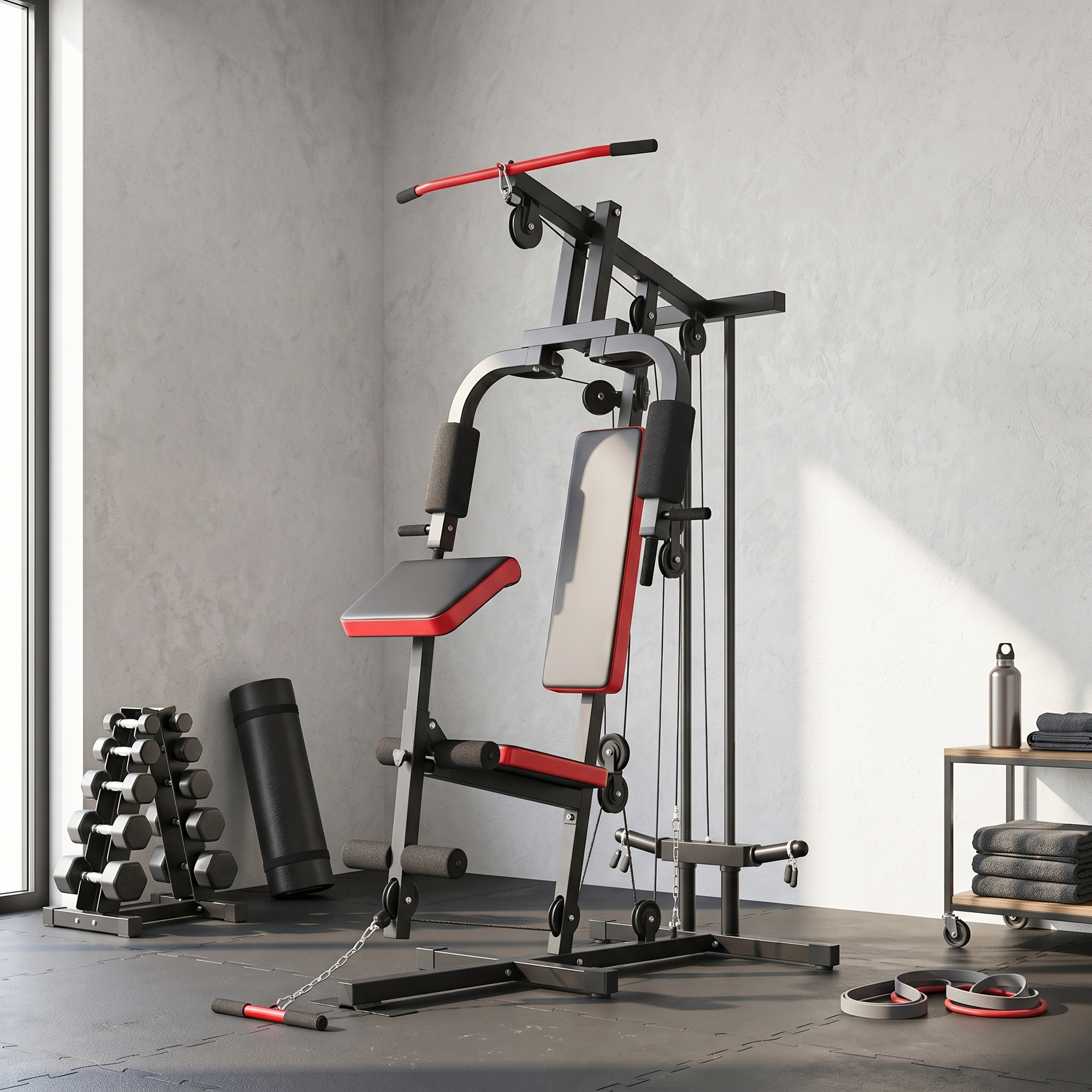 Kraftstation Fitnessstation mit Latzug, Butterflystange, verstellbar Preacher Bank, Beintrainer, bis 120kg Schwarz+Rot