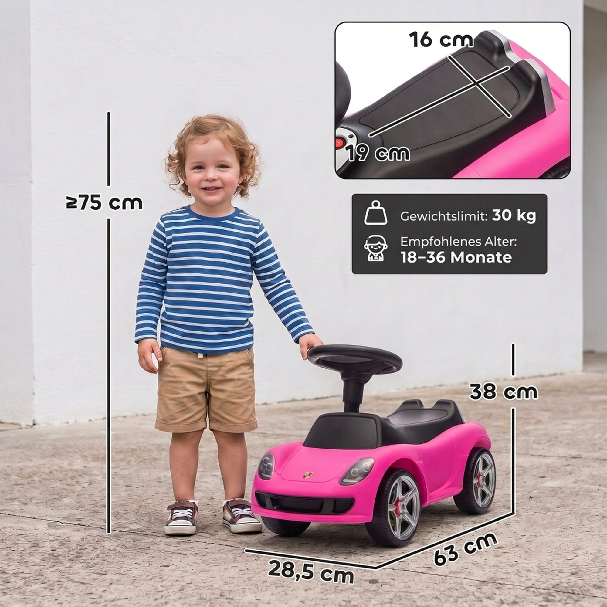 Rutschauto Kinder Porsche Rutschfahrzeug mit Hupe Licht Motorgeräuschen, für 18–36 Monate, Rosa