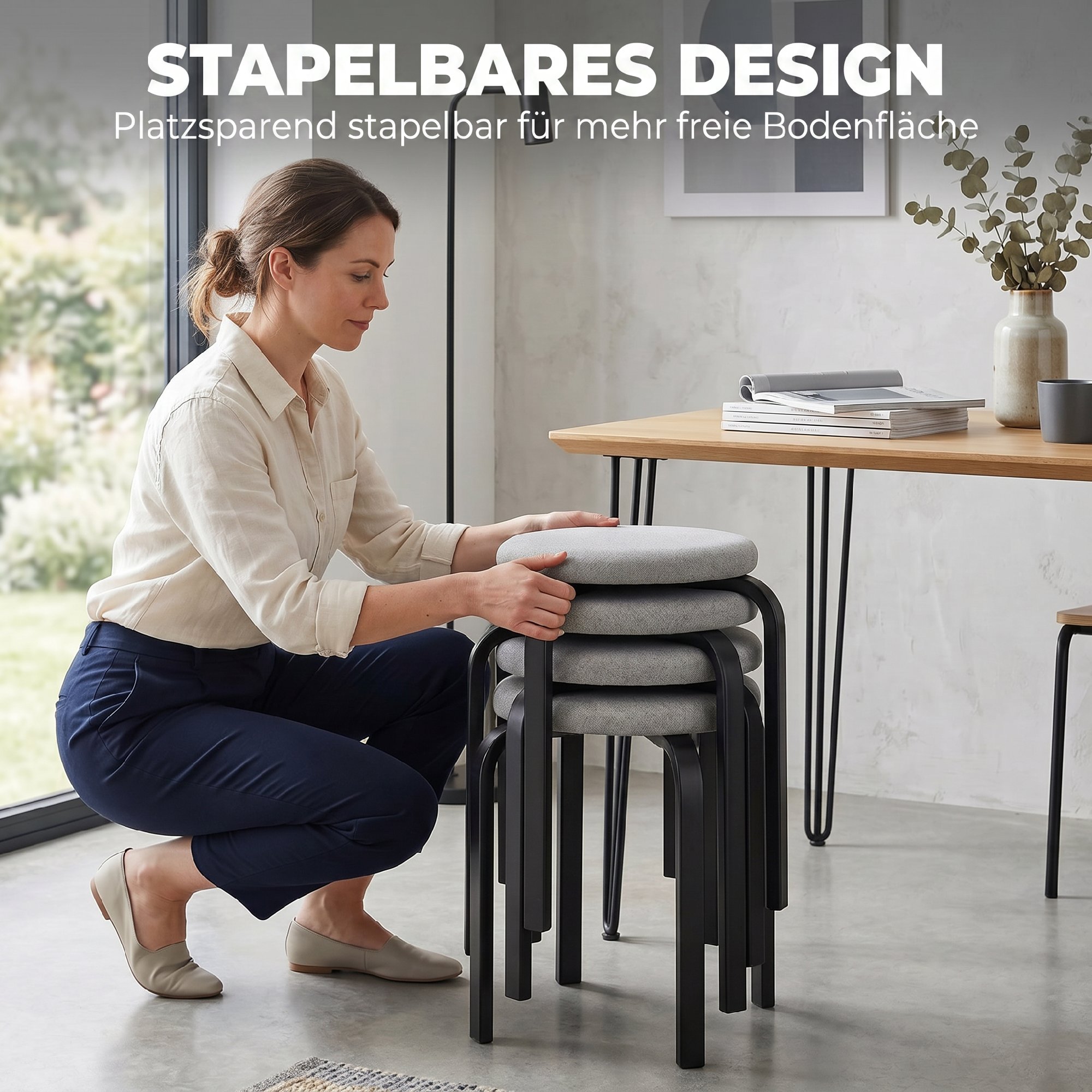 Stapelhocker Set mit 4 Stück, Moderne Gepolsterte Runde Hocker ohne Rückenlehne für Küche, Esszimmer, Grau