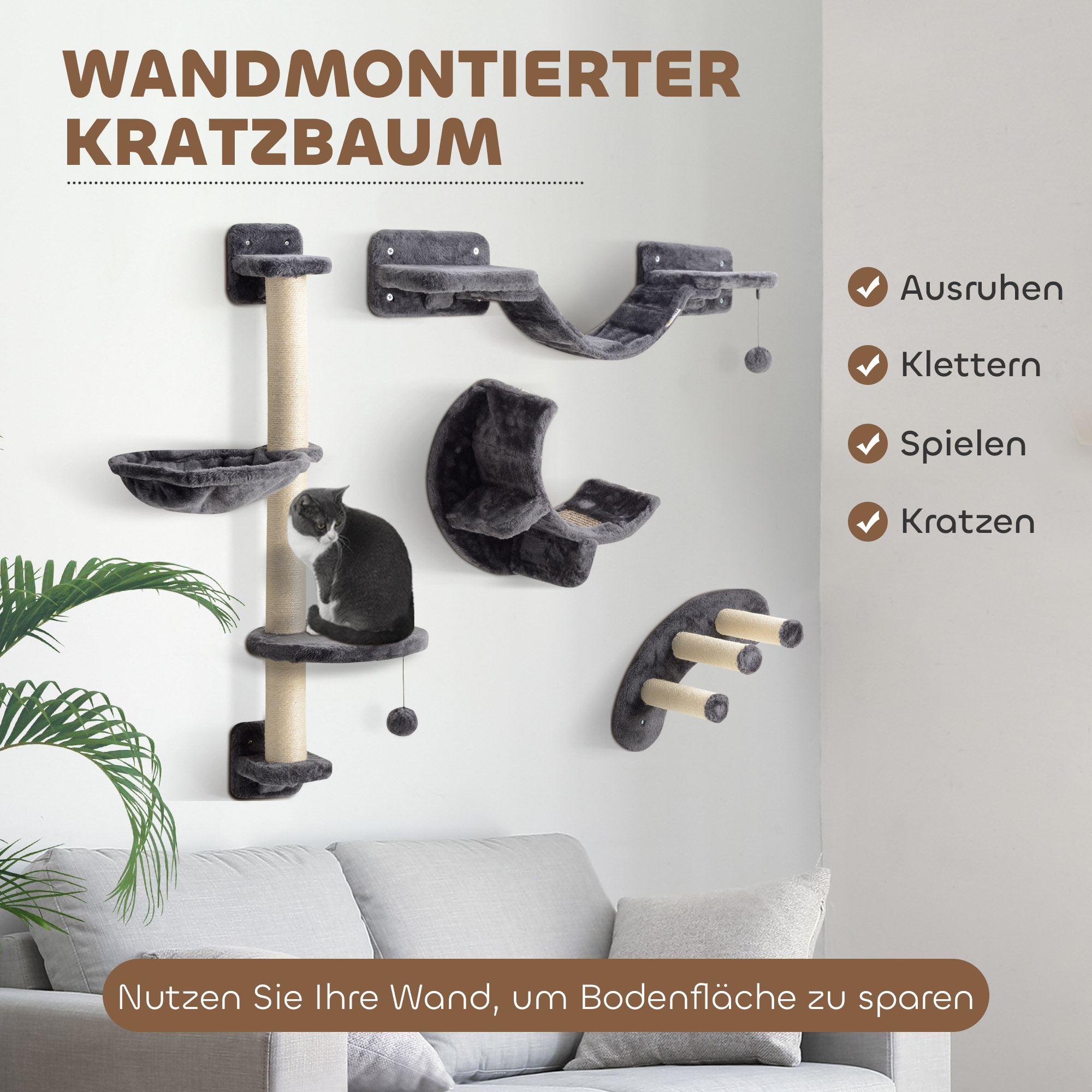 Kletterwand Katzen 4-teilig Katzen Kletterwand Set mit Hängematte, Katzenbrücke bis zu 5 kg, Dunkelgrau