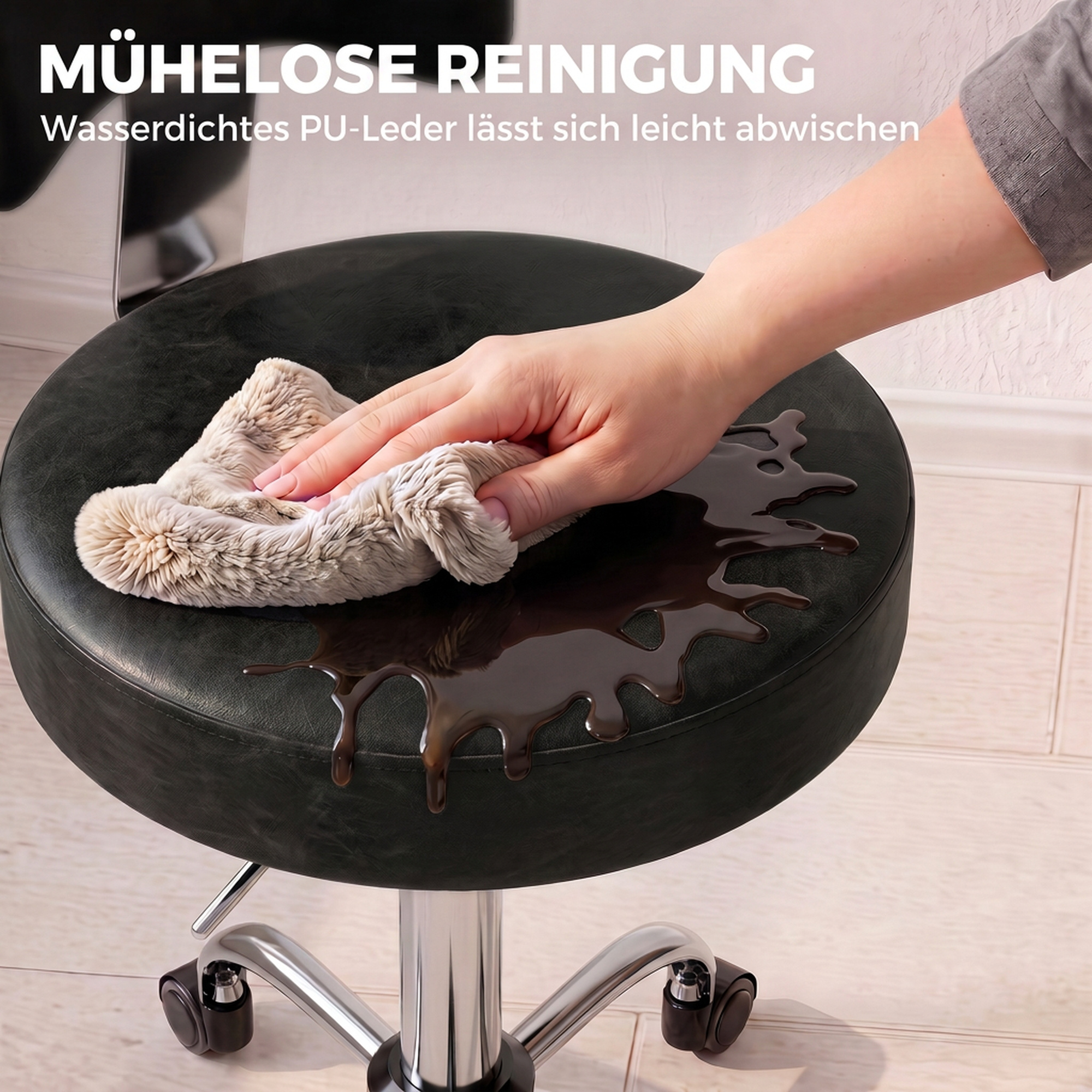 Rollhocker, höhenverstellbarer Salonstuhl aus PU-Leder mit Polstersitz, Rückenlehne und Rollen, Schwarz