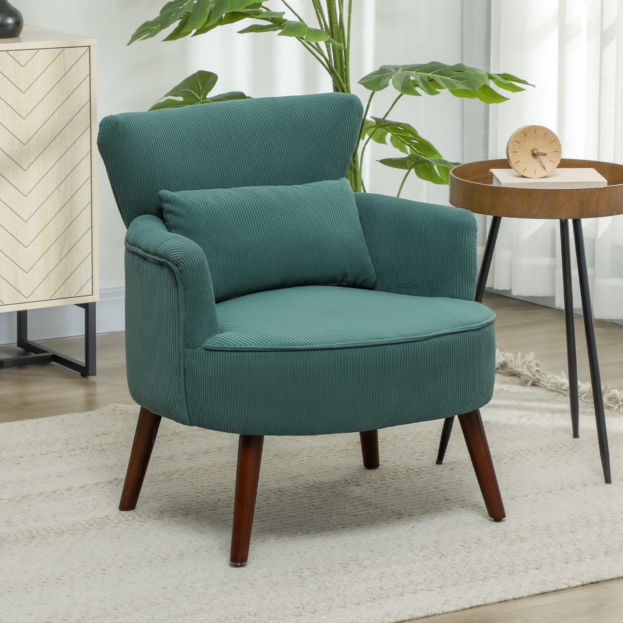 Moderner Armlehnstuhl, Gepolsterter Akzentstuhl mit Lendenkissen, Kautschukholzbeinen, Dunkelgrün