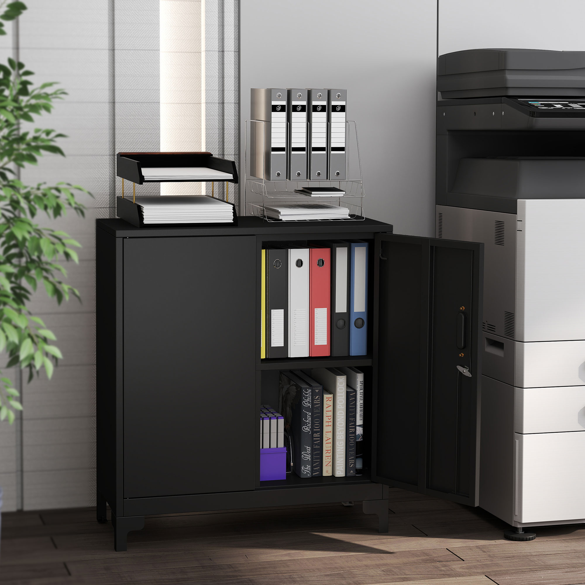 Büroschrank aus Metall, verschließbare Türen, Bürokommode, 2-stufiges Design, Schwarz