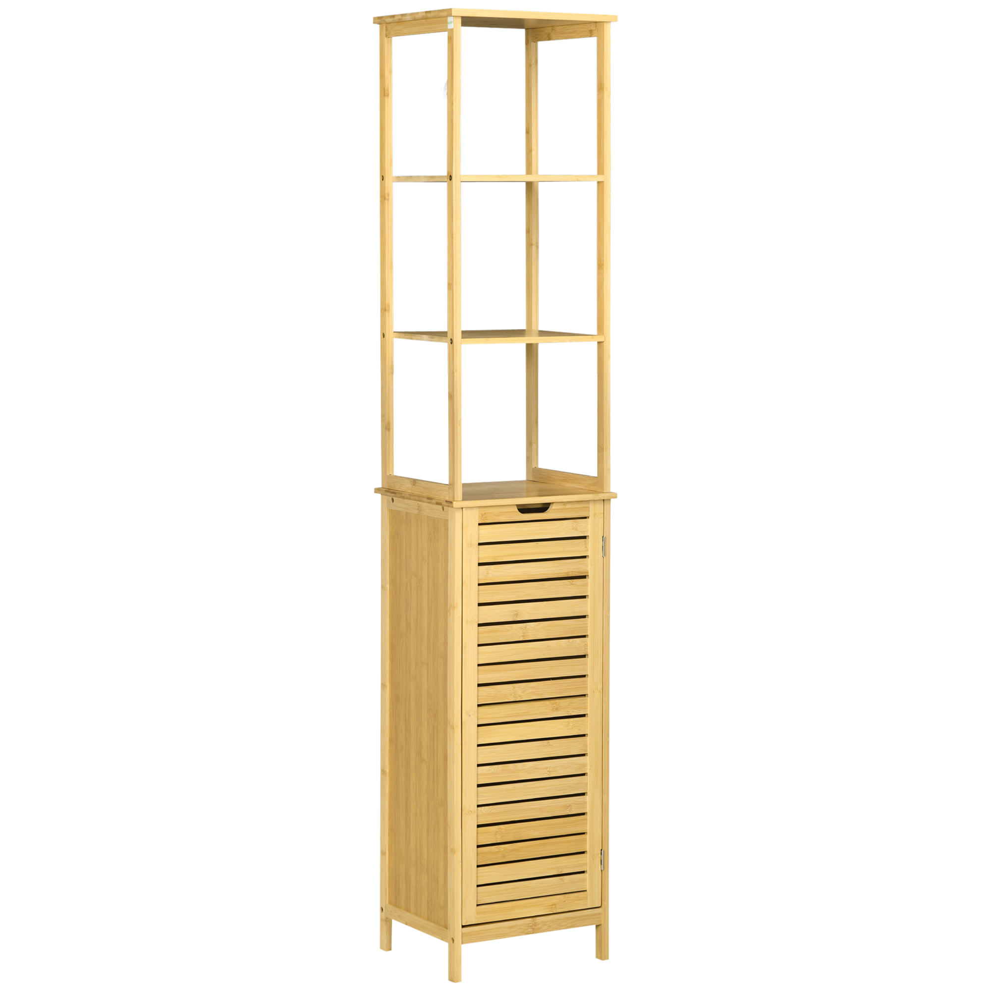 Badschrank, Hochschrank, drei Regalböden, ein Schrankfach mit Lamellentür, Kippschutz, Bambus, 34 x 30 x 173cm Badschrank, Hochschrank, drei Regalböden, ein Schrankfach mit Lamellentür, Kippschutz, Bambus, 34 x 30 x 173cm