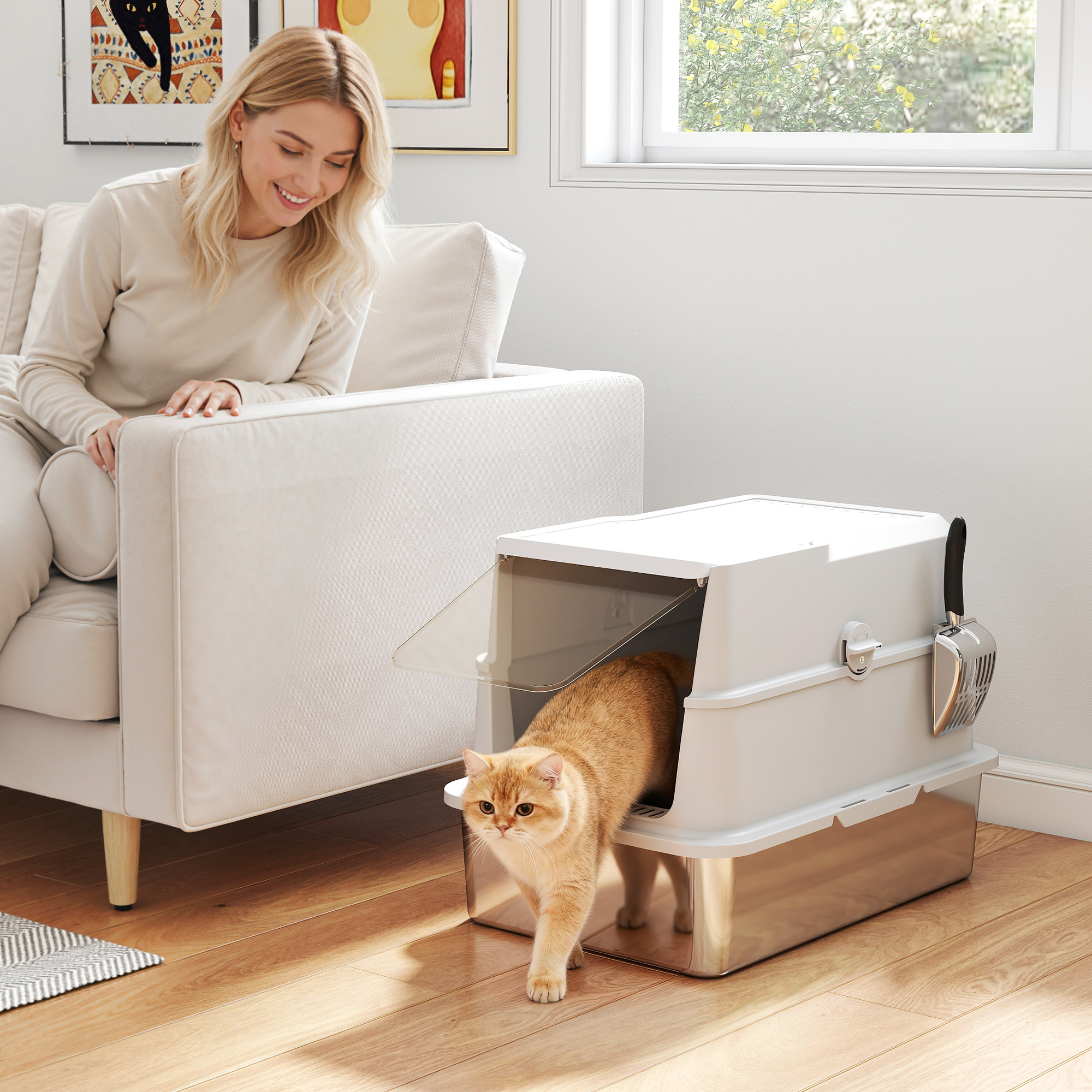 Katzentoilette, Edelstahl, XL-Innenraum, mit Schaufel, Hellgrau