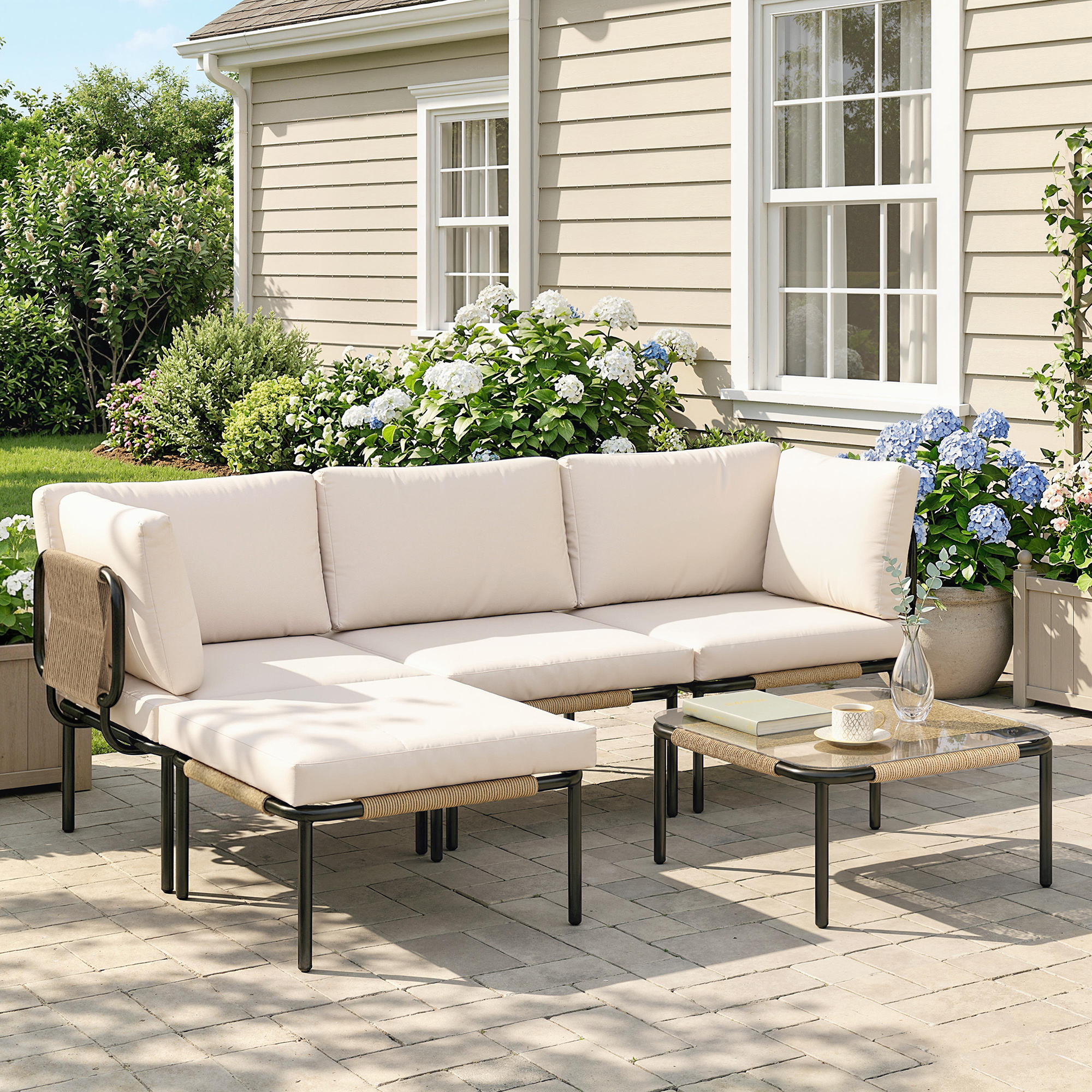 Polyrattan Gartenmöbel Set 5-teilig Lounge Set mit 3 Sessel Glastisch Hocker Breit & Tief Sitz abnehmbar Kissen