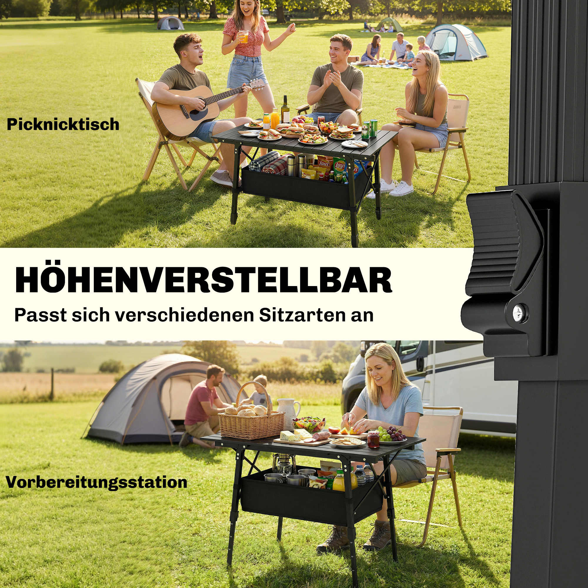 Campingtisch mit Aufbewahrungskorb, höhenverstellbar, faltbar, Aluminium, Schwarz