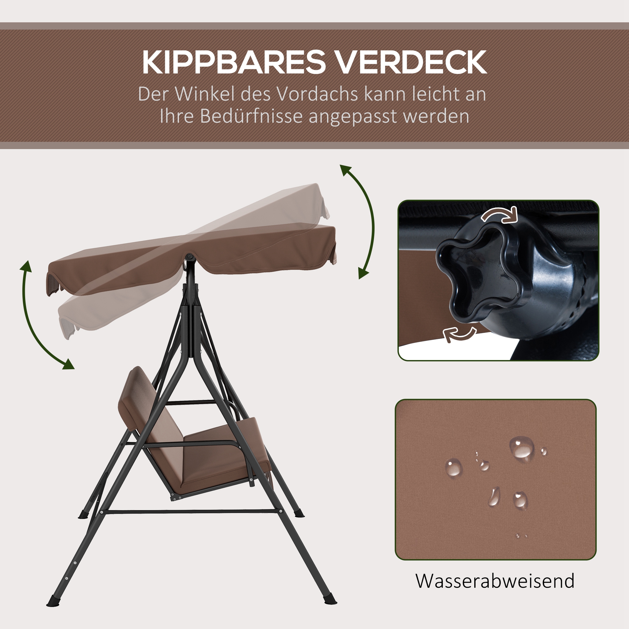 Hollywoodschaukel Gartenschaukel 3-Sitzer, wetterbeständig, verstellbares Dach, 172 x 110 x 153, Braun