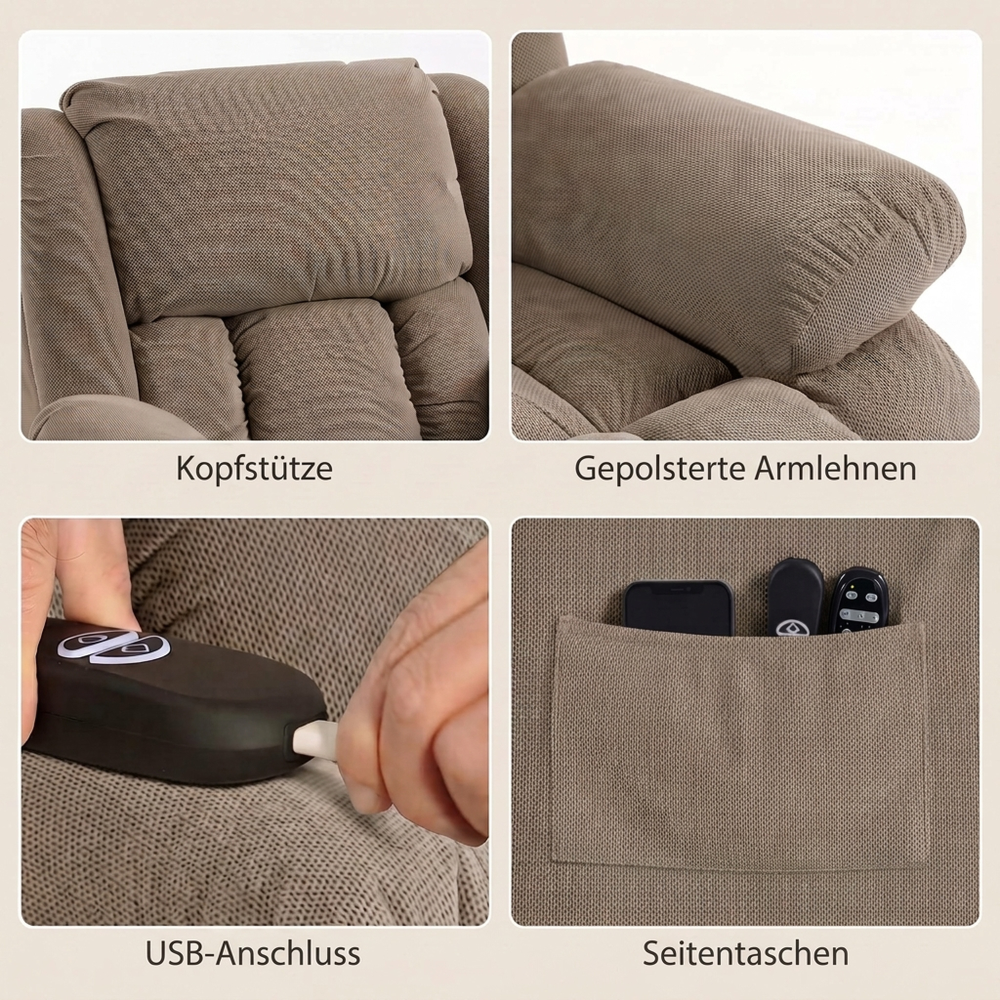Fernsehsessel mit Massage- und Wärmefunktion, Elektrischer Aufsteh-Sessel, Fernbedienung, Seitentaschen, Hellbraun