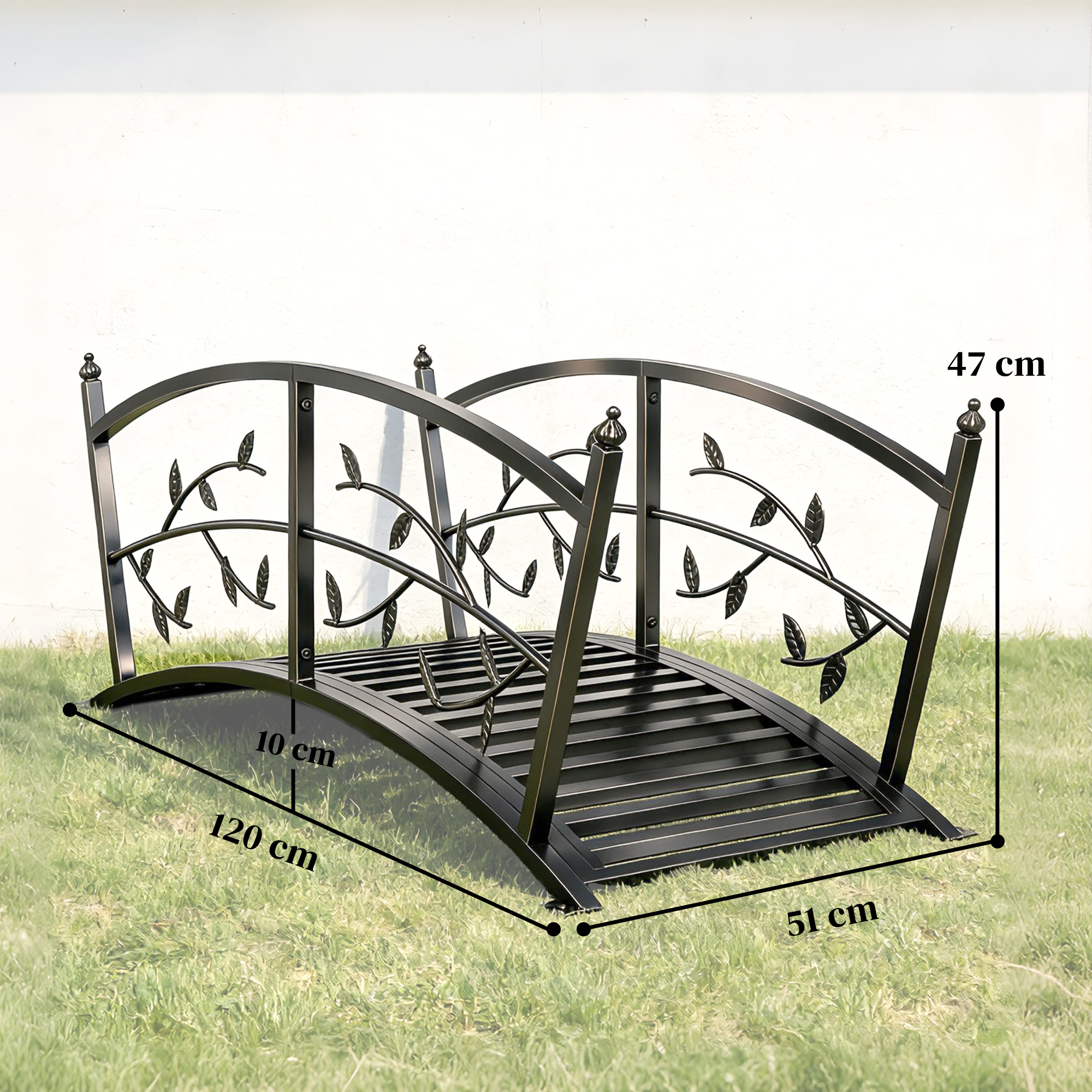 Gartenbrücke aus Metall 120 cm Teichbrücke mit Sicherheitsgeländern Antik-Optik Rostbeständig einfache Montage