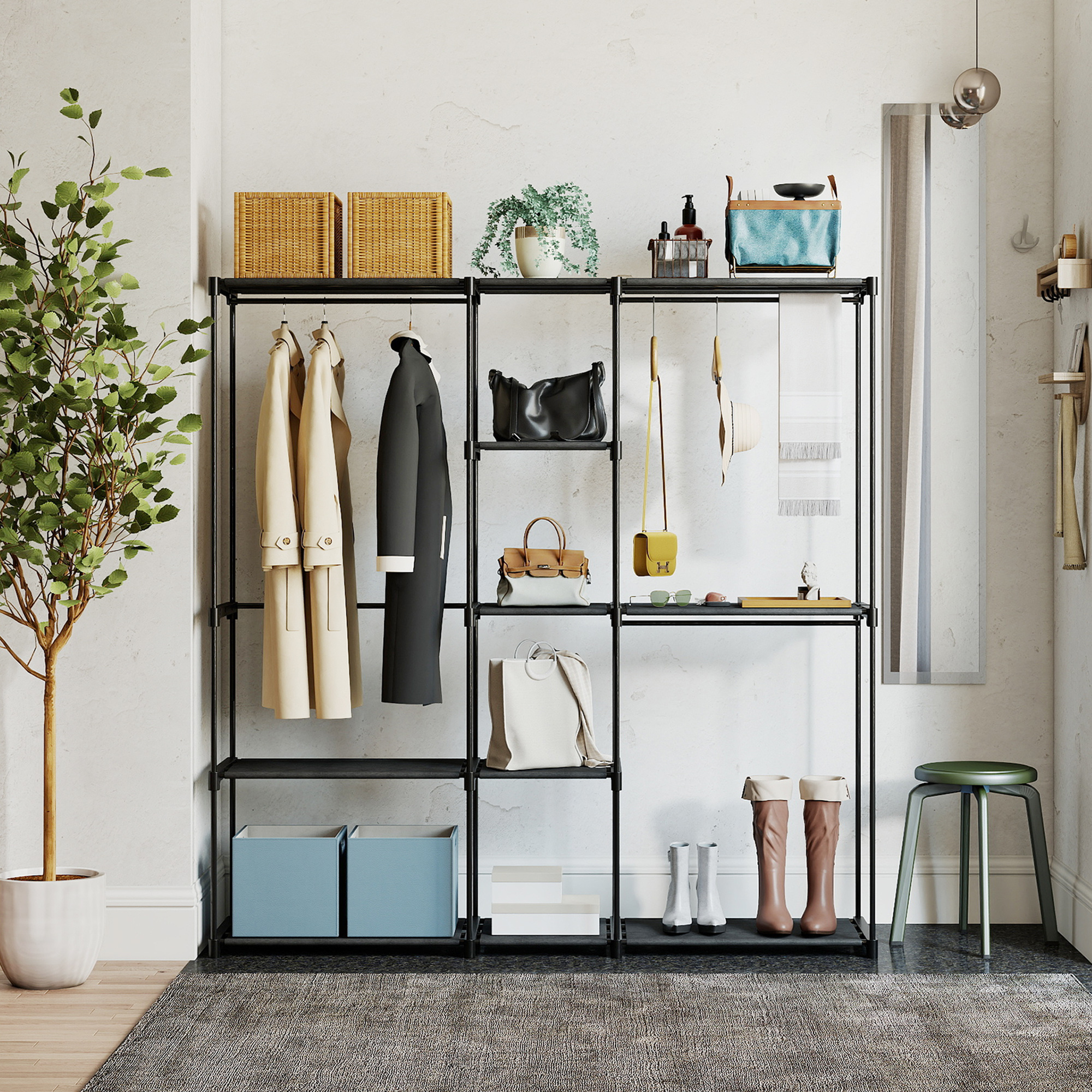 Kleiderschrank offen, 4 Stock Kleiderständer mit 2 Hängefächern für Wohnzimmer, 182 x 43 x 185 cm, Schwarz
